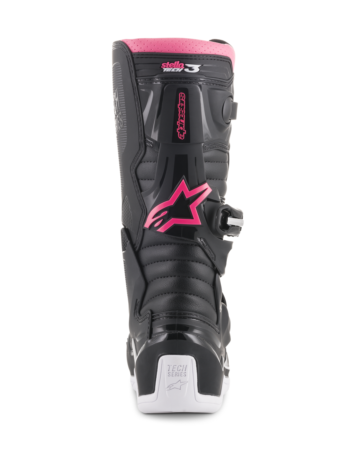 Alpinestars Women Stella Tech 3 Boots, Motocross Boots, Black White and Pink, back view showing the pink Alpinestars star logo, pink top rim, black textured panels, and white heel with Tech Series branding.