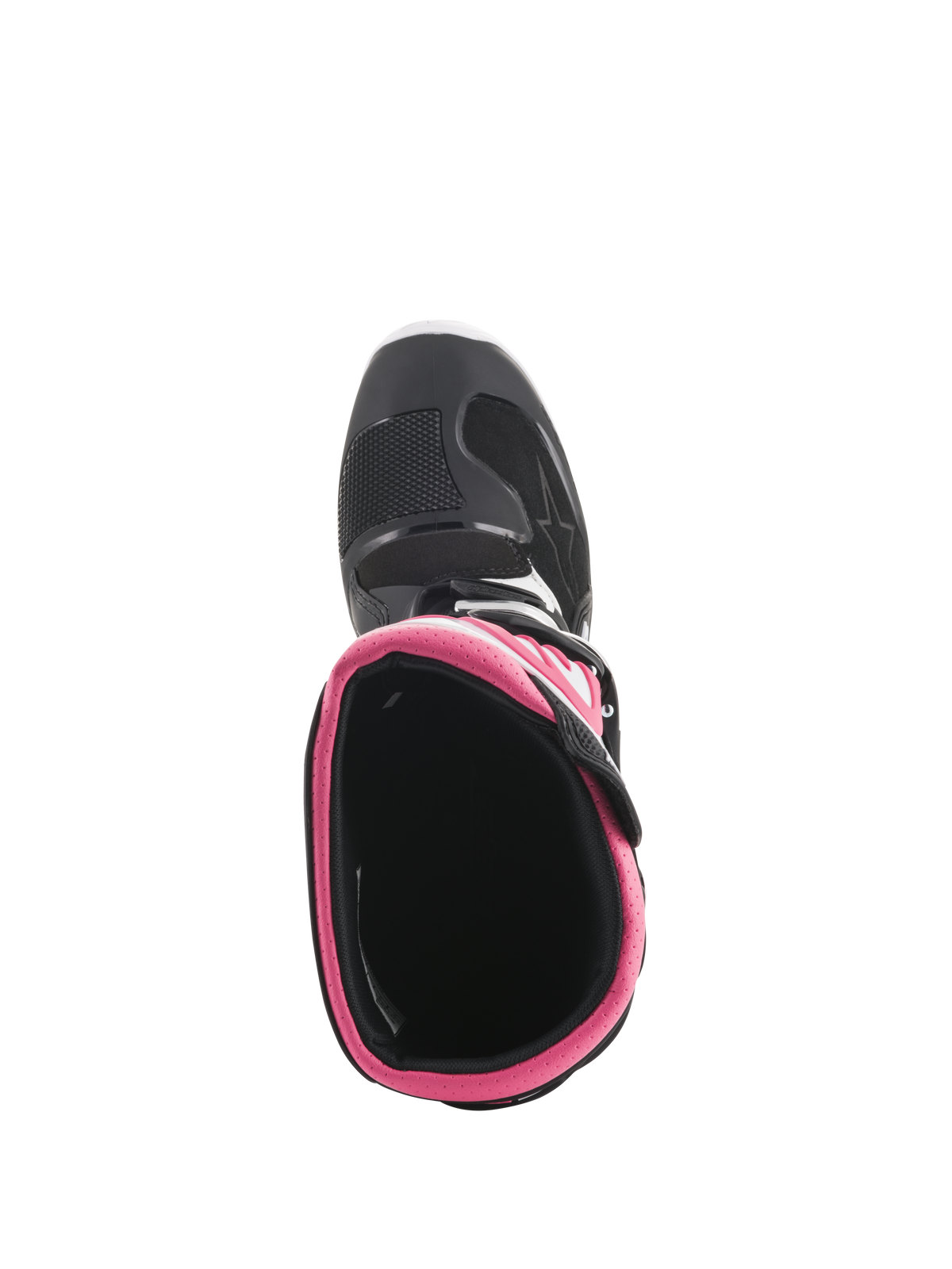 Alpinestars Women Stella Tech 3 Boots, Motocross Boots, Black White and Pink, top-down view showing pink interior collar and toe shell, durable footwear for off-road racing