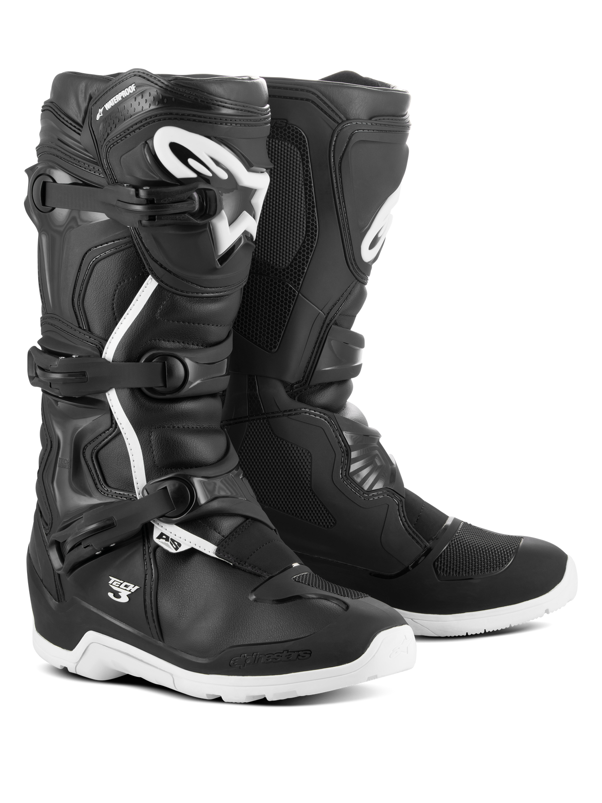 Alpinestars Tech 3 Enduro Waterproof støvler, motocross- og off-road støvler, sort og hvid, med tre-spænde lukkesystem, hvidt TPU-logo på skinnebenet, forstærket ankel- og hælbeskyttelse og holdbare hvide såler.
