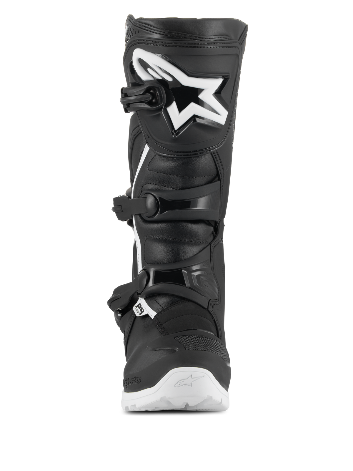 Alpinestars Tech 3 Enduro Waterproof støvler, motocross- og endurostøvler, sort og hvid, set forfra med et stort hvidt stjernelogo på TPU-skinnebenspladen, tre-spændelukkessystem og robust hvid sål til off-road-greb.
