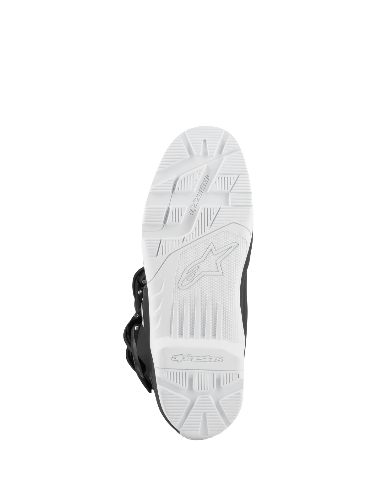 Alpinestars Tech 3 Enduro Waterproof støvler, sort og hvid, set nedefra af den hvide profilerede sål med højt greb, off-road mønster med præget logo, slidstærk ydersål designet til motocross- og enduro-ydeevne.