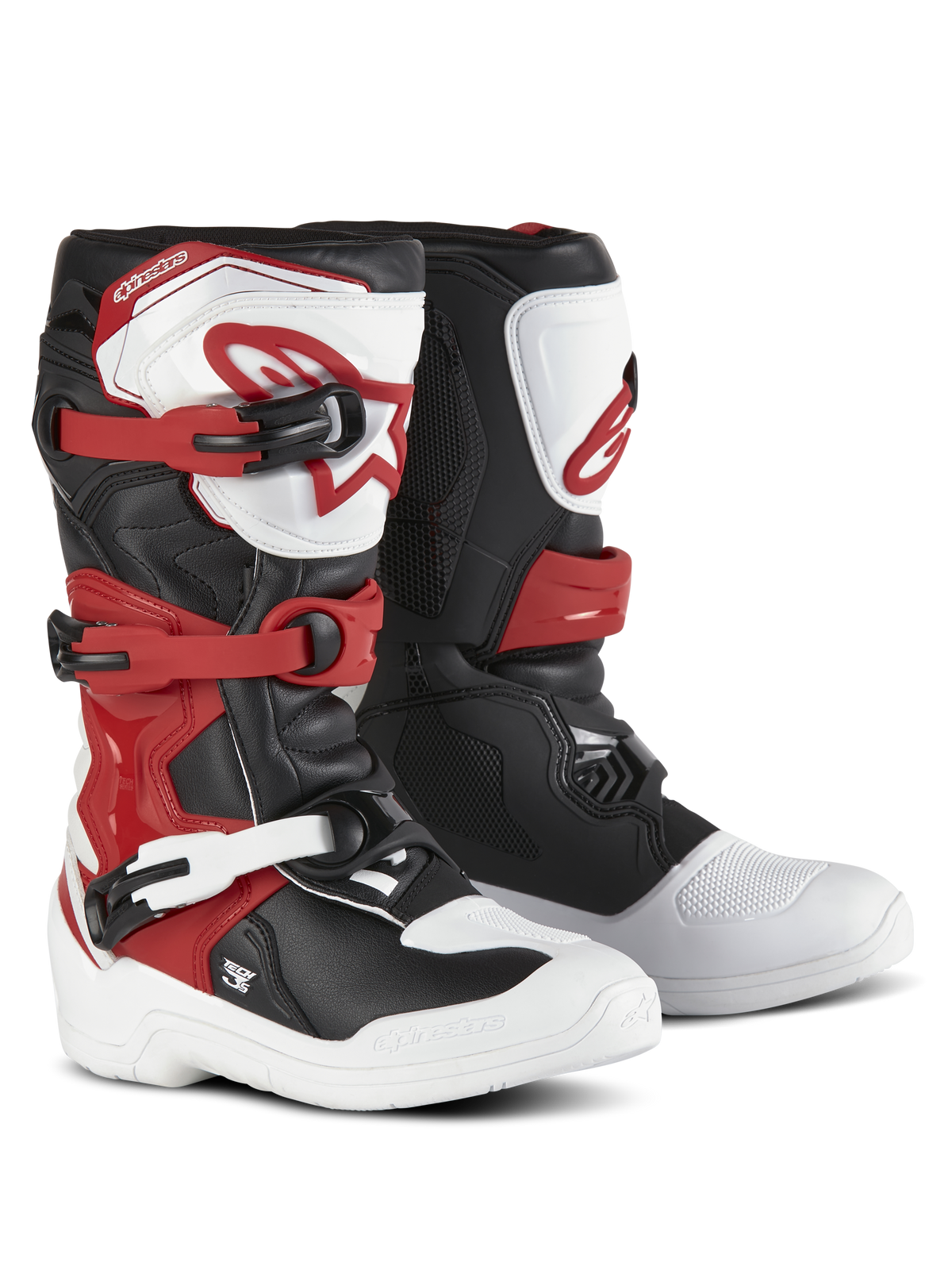 Alpinestars Youth Tech 3S Boots, Motocross Boots, White Black and Bright Red, three-buckle closure system, TPU shin plate with Alpinestars logo, durable microfiber upper and reinforced foot shell for off-road performance