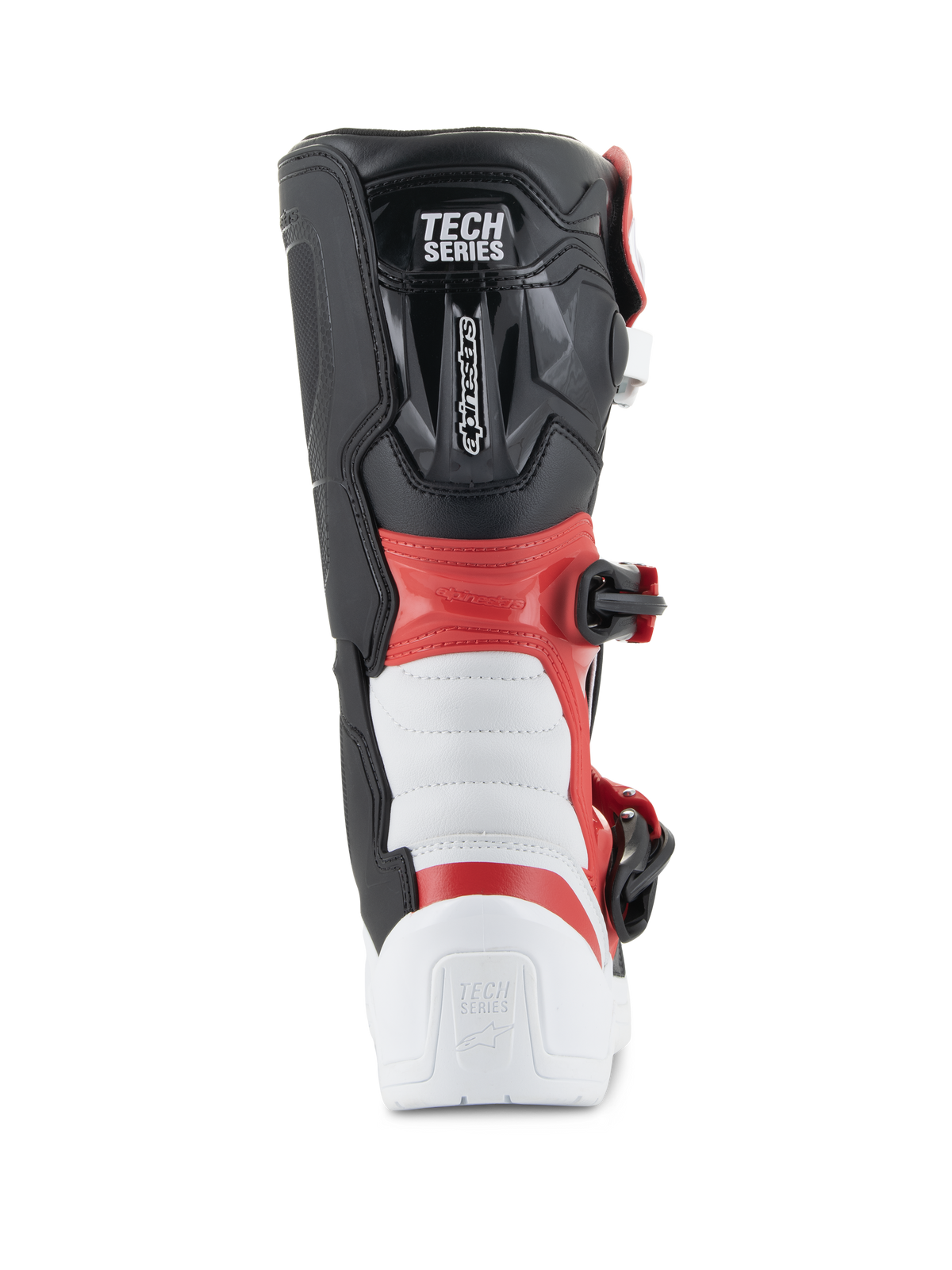 Alpinestars Youth Tech 3S Boots, Motocross Boots, White Black and Bright Red, rear view showing 'TECH SERIES' branding, reinforced heel and calf protection, durable microfiber construction for off-road racing