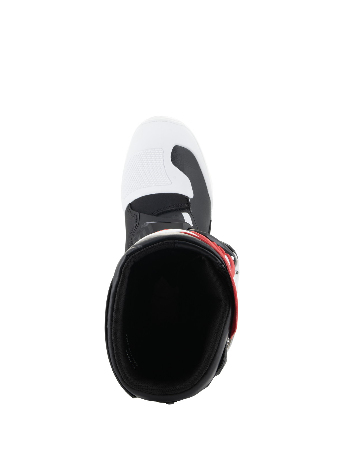 Alpinestars Youth Tech 3S Boots, Motocross Boots, White Black and Bright Red, top-down view looking into the boot opening, featuring a white toe box with black accents and red strap detail, designed for youth riders.
