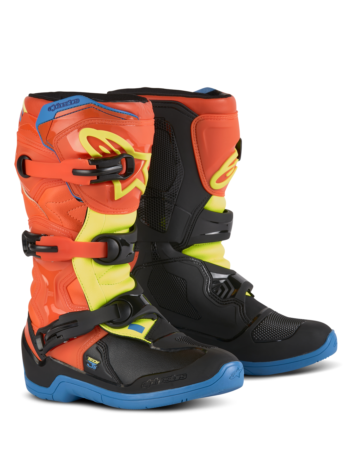 Alpinestars Youth Tech 3S Boots, Motocross Boots for Kids, Orange Fluo, Enamel Blue and Yellow Fluo, blue soles, three-buckle closure system, protective TPU shin plates, off-road riding gear