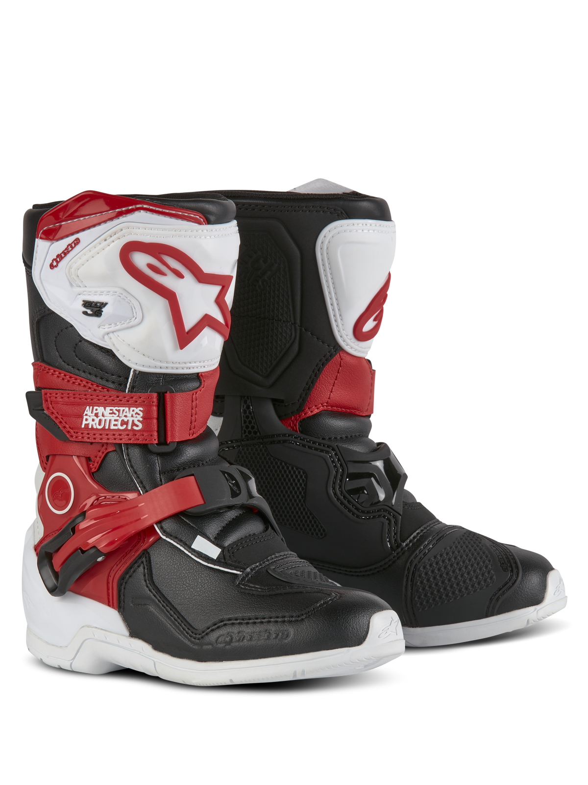 Alpinestars Tech 3S børnestøvler, motocrossstøvler, hvid, sort og klar rød, med beskyttende TPU-skinnebensplader, røde stropper med Alpinestars-branding, spændelukning og slidstærke hvide ydersåler.