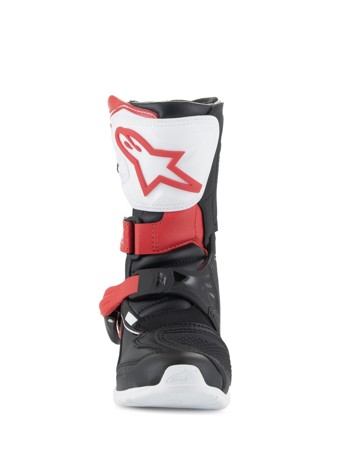 Alpinestars Kids Tech 3S støvler, motocross-støvler, hvid, sort og klar rød, set forfra med hvid skinnebensplade og rødt logo, sort chassis med røde spænderemme, beskyttende off-road fodtøj til unge ryttere