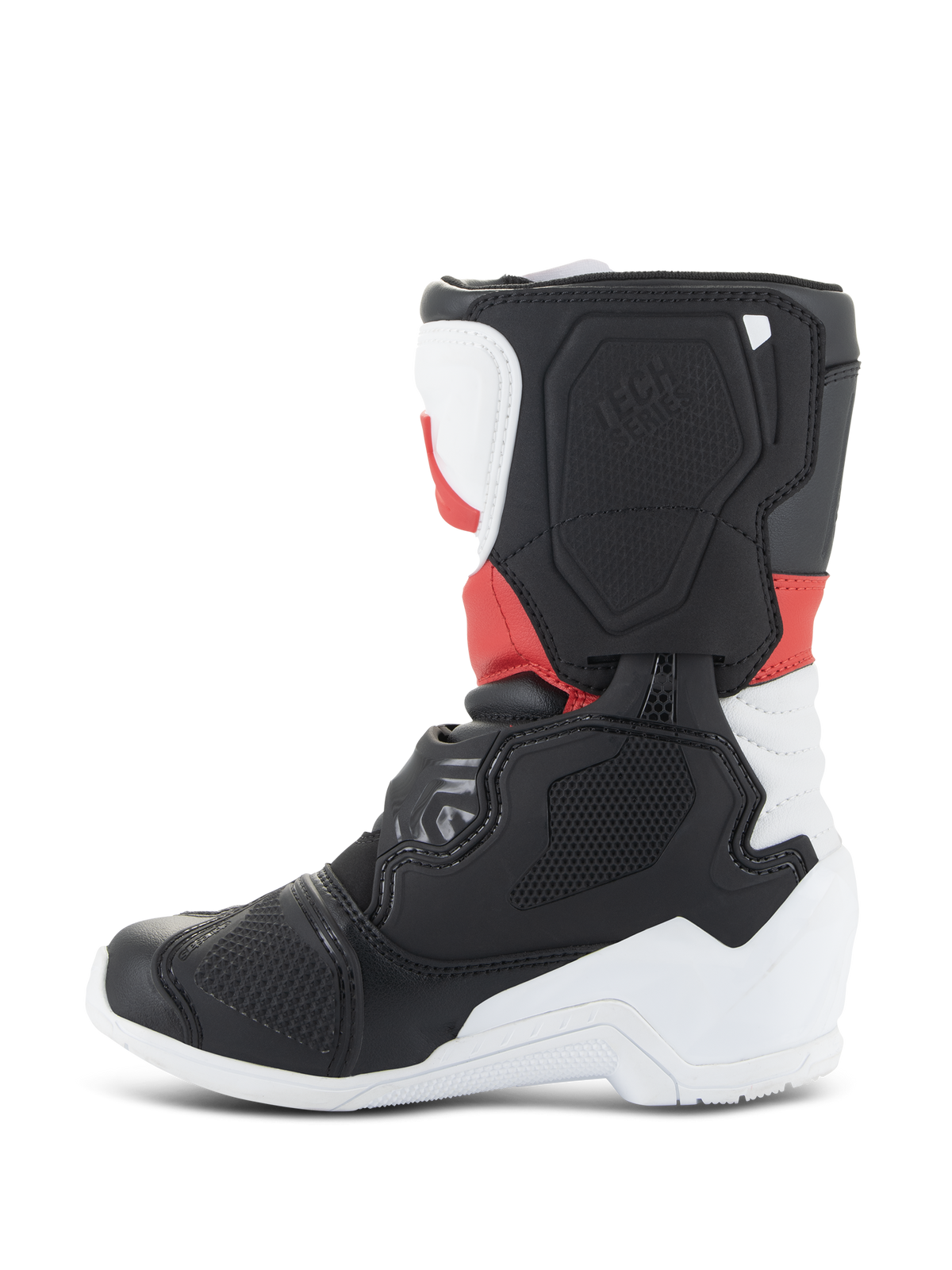 Alpinestars Kids Tech 3S støvler, motocross-støvler, hvid, sort og klar rød, profilvisning fra siden med beskyttende TPU-paneler, forstærket tå og hæl og tekstureret lateralt bladdesign til off-road racing.