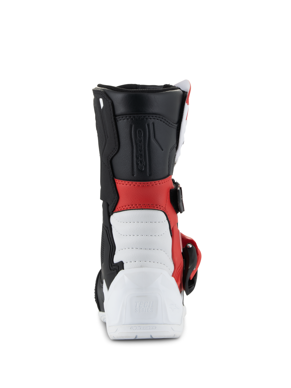 Alpinestars Kids Tech 3S-støvler, motocross-støvler, hvid, sort og klar rød, set bagfra med hvid forstærket hæl med præget Tech Series-logo, rødt midterstykke, sort øvre kant og spændedetalje på siden, beskyttende off-road fodtøj