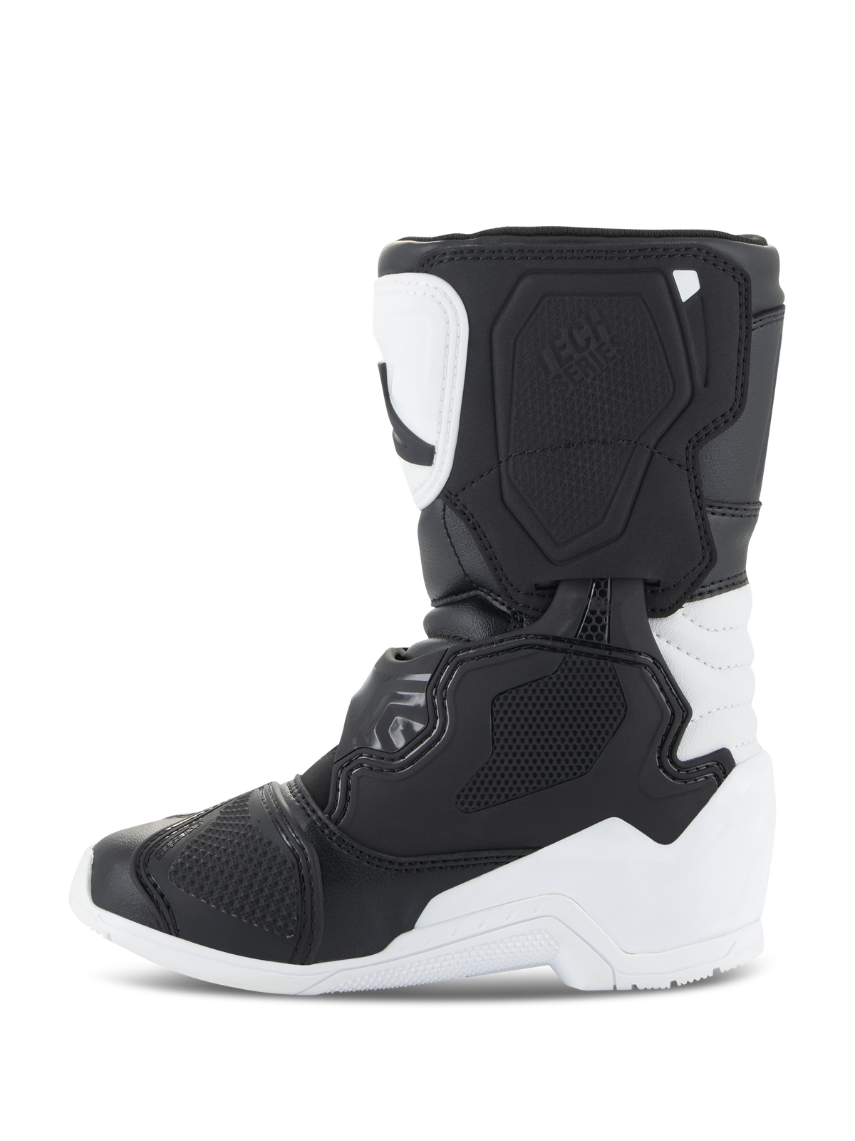 Alpinestars Kids Tech 3S Boots, Motocross Boots, White and Black, side profile view highlighting protective TPU plates, sturdy microfiber construction, and multi-panel design for young dirt bike riders.