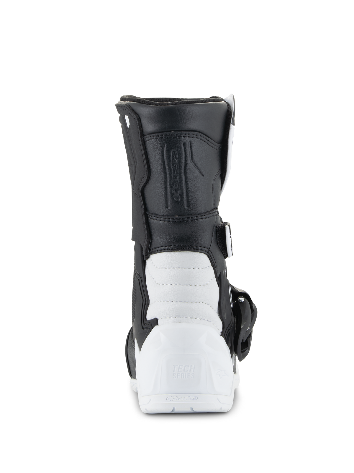 Alpinestars Kids Tech 3S Boots, Motocross Boots, White and Black, Rear view showing the reinforced TPU heel with Tech Series branding, black synthetic upper and white lower shell construction, protective youth off-road footwear