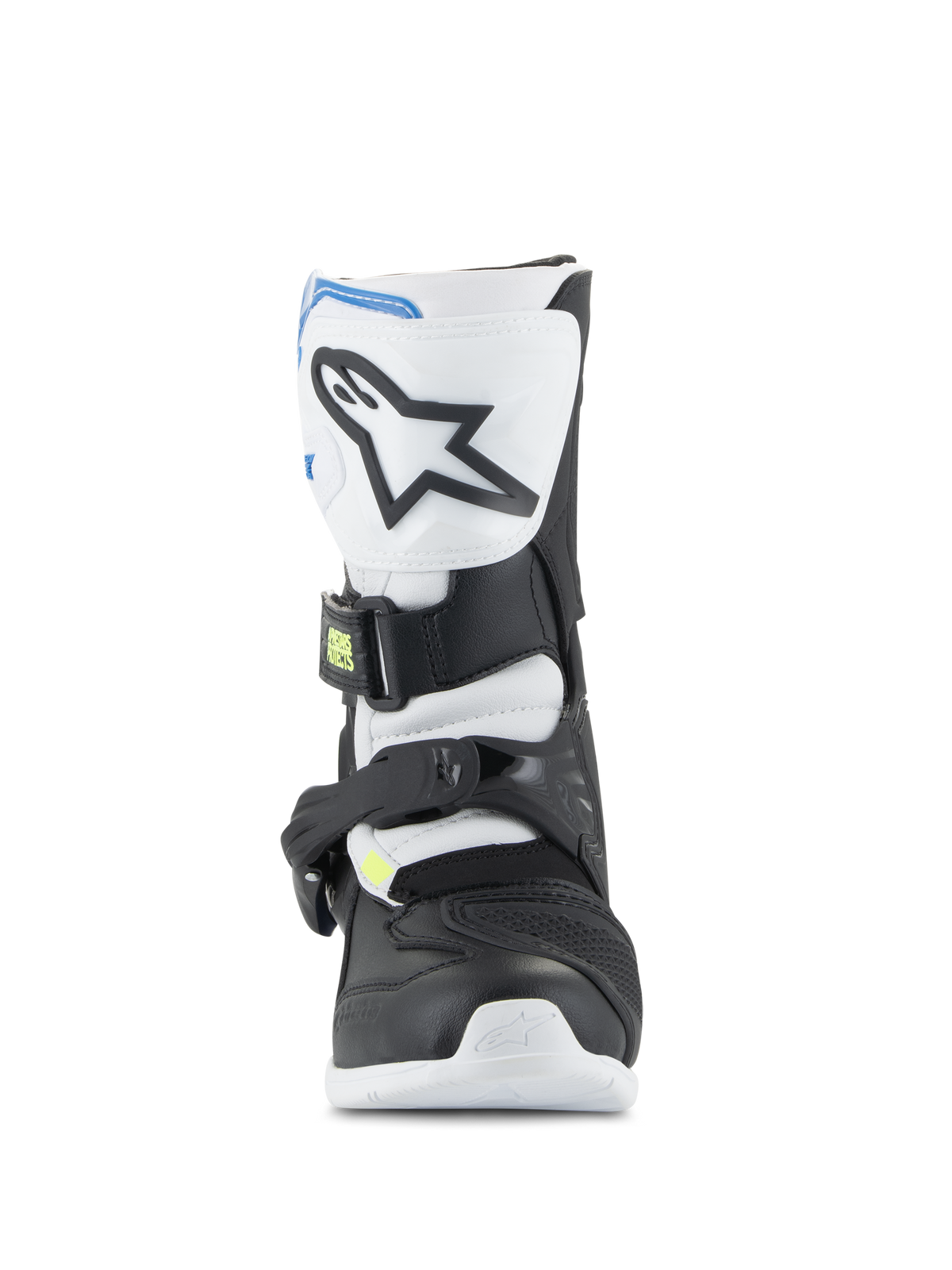 Alpinestars Kids Tech 3S Boots, Youth Motocross Boots, White Black and Enamel Blue, front profile showing TPU shin plate with star logo, black and white panels, and secure buckle closure system