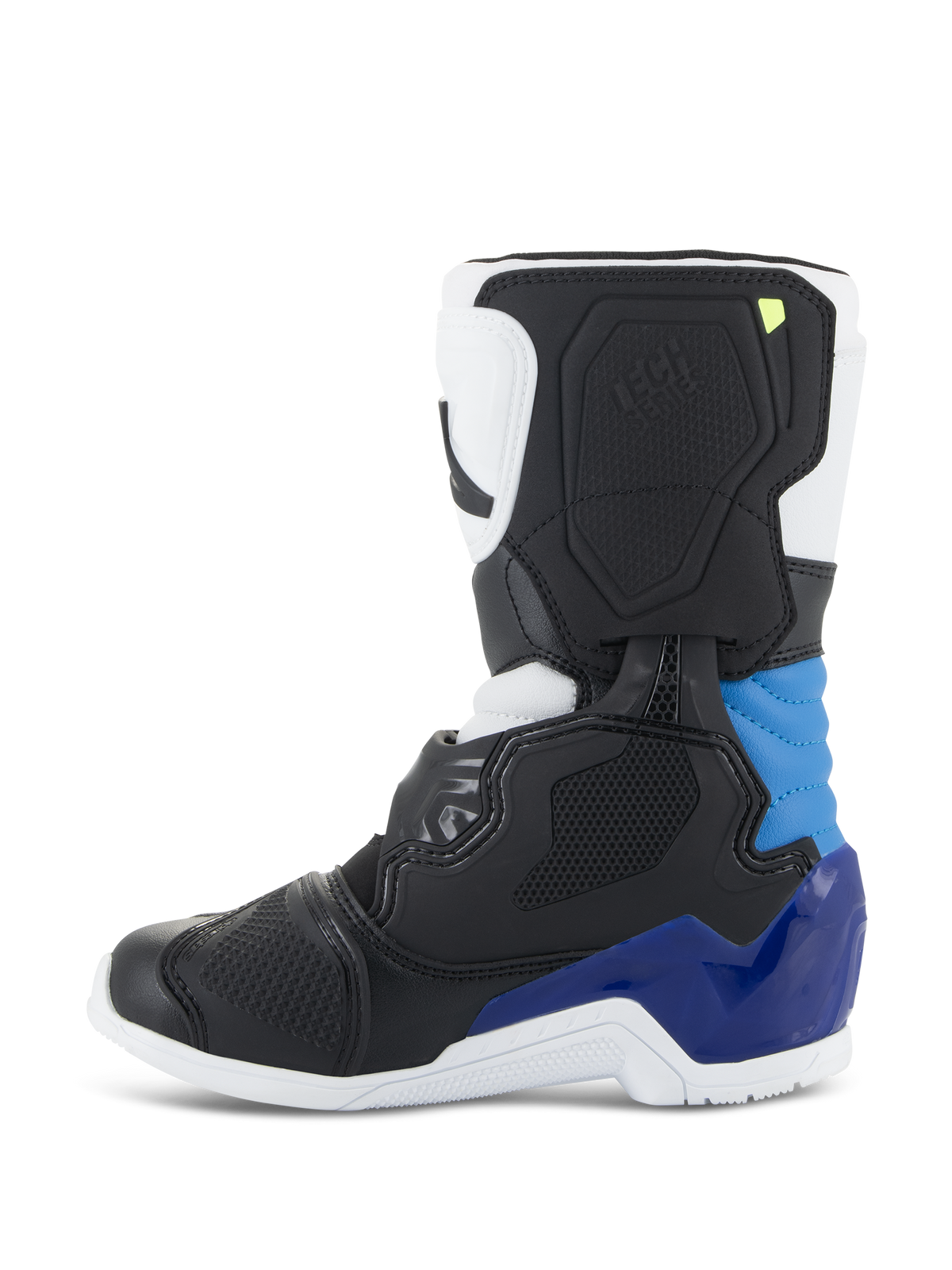 Alpinestars Kids Tech 3S Boots, Motocross Boots, White Black Enamel Blue, side profile featuring black and white panels with vibrant blue heel and ankle accents, white sole, and structured protective shell for off-road racing