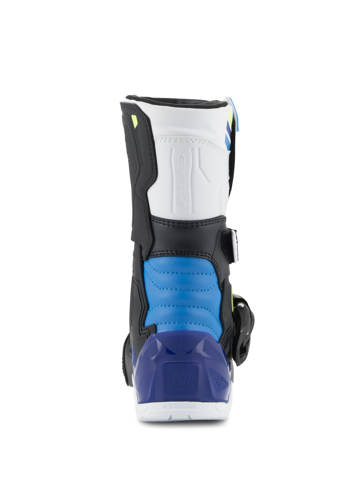Alpinestars Kids Tech 3S Boots, Motocross Boots, White Black Enamel Blue, rear view featuring a blue padded heel section and translucent blue heel cup, durable off-road protective gear for kids
