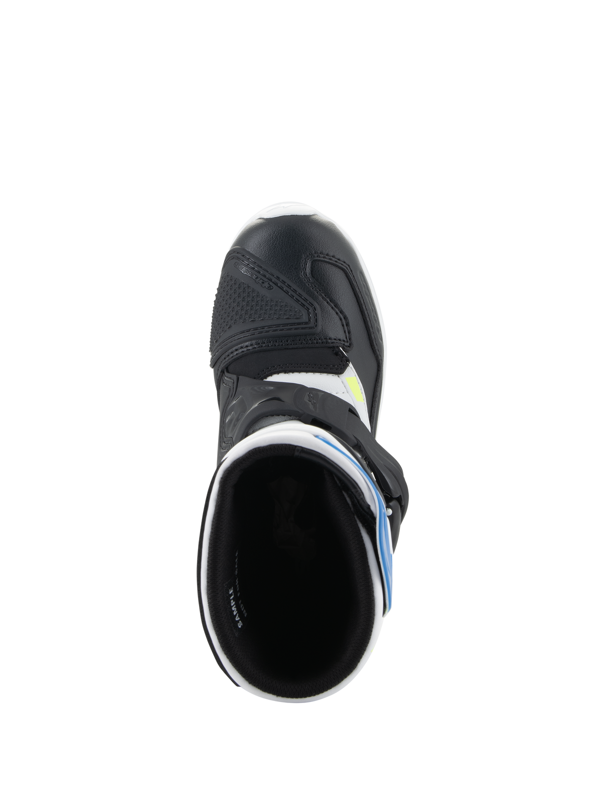 Alpinestars Kids Tech 3S Boots, Motocross Boots, White Black and Enamel Blue, top-down view showing the boot interior, black microfiber toe box with protective reinforcement, and blue accents, off-road riding footwear