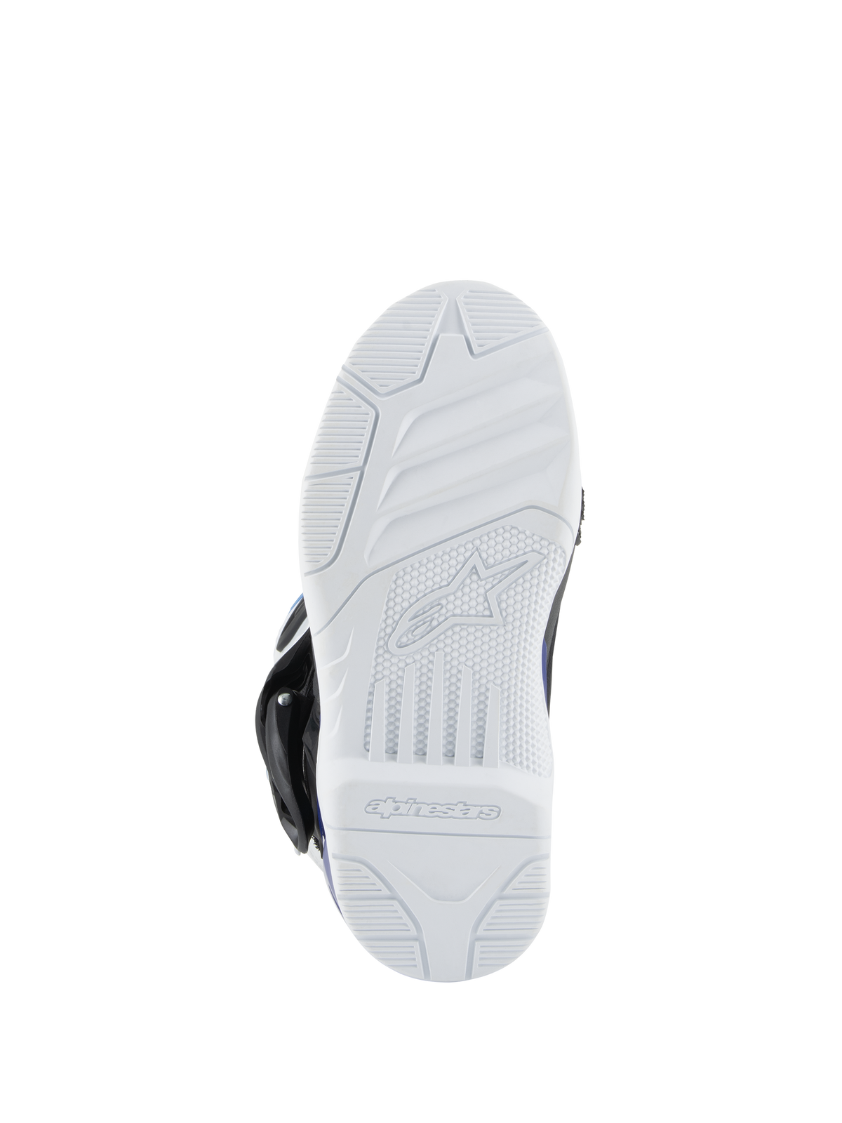 Alpinestars Kids Tech 3S Boots, Motocross Boots, White rubber outsole, textured tread for off-road grip, featuring the Alpinestars logo and wordmark on the bottom.