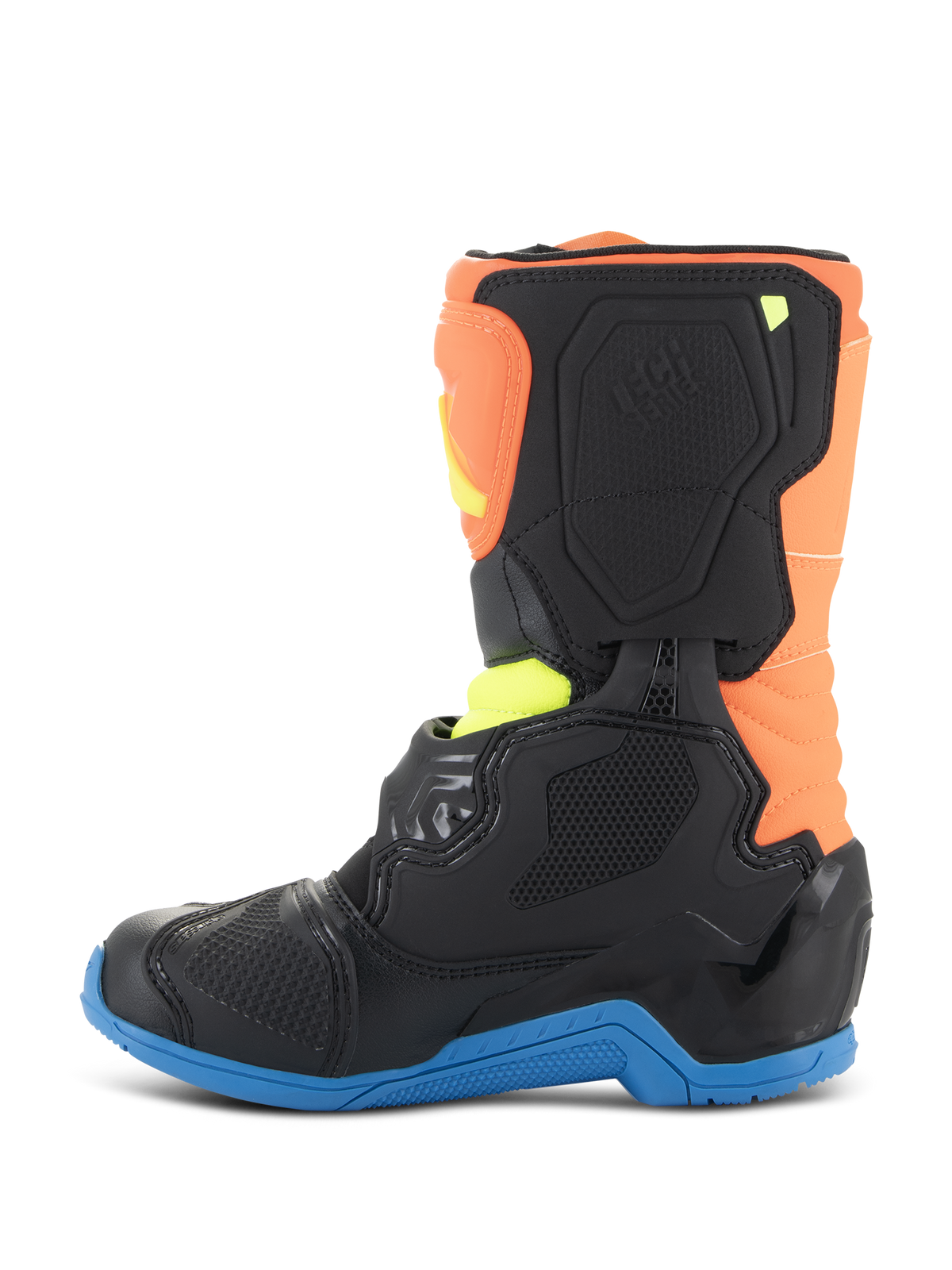 Alpinestars Kids Tech 3S støvler, motocross-støvler, Orange Fluo, Enamel Blue og Yellow Fluo, sideprofilvisning med sorte beskyttelsespaneler, en blå sål og orange overdel, designet til off-road ræs for unge
