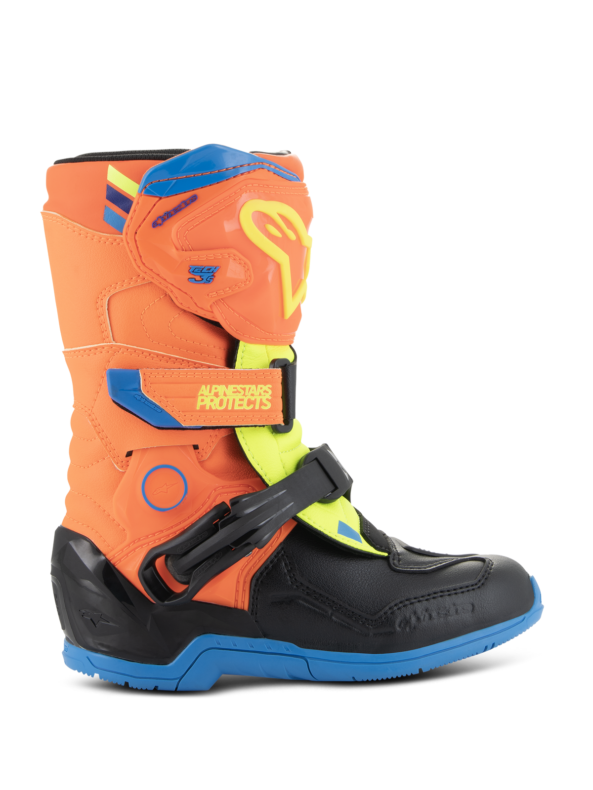 Alpinestars Kids Tech 3S støvler, motocross-støvler til børn, orange fluo, emaljeblå og gul fluo, med en beskyttende TPU-skinnebensplade, justerbare borrelåsstropper og en holdbar blå gummisål, designet til off-road kørsel.