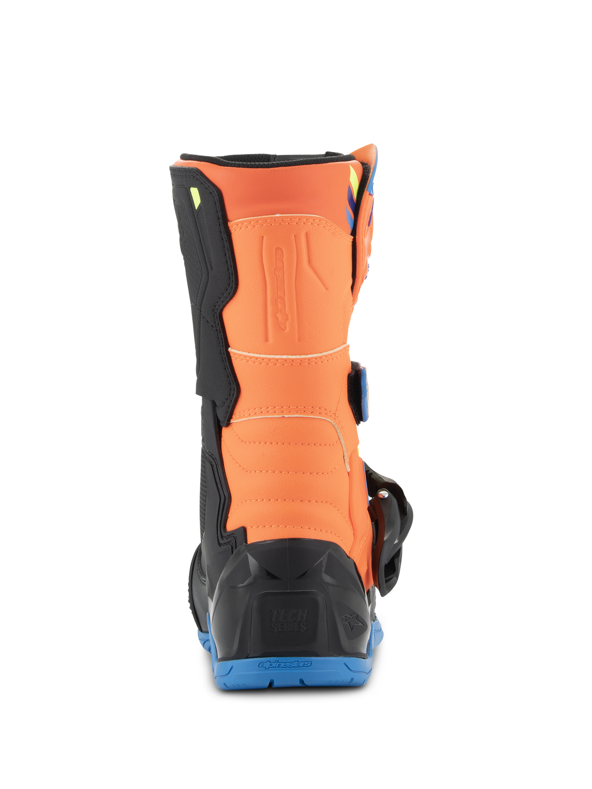 Alpinestars Kids Tech 3S støvler, motocross-støvler til unge, Orange Fluo og Enamel Blue, set bagfra, der viser det orange lægpanel, sort hælbeskytter og blå gummiydersål.