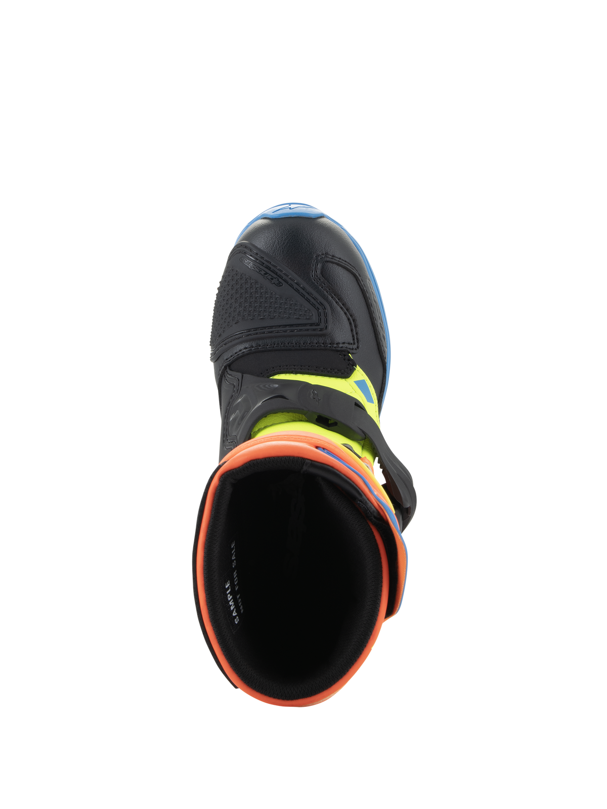 Alpinestars Kids Tech 3S støvler, motocross-støvler, orange fluo, emaljeblå og gul fluo, set oppefra og ned i den polstrede åbning, viser den sorte mikrofiber-snude og spændelukning.