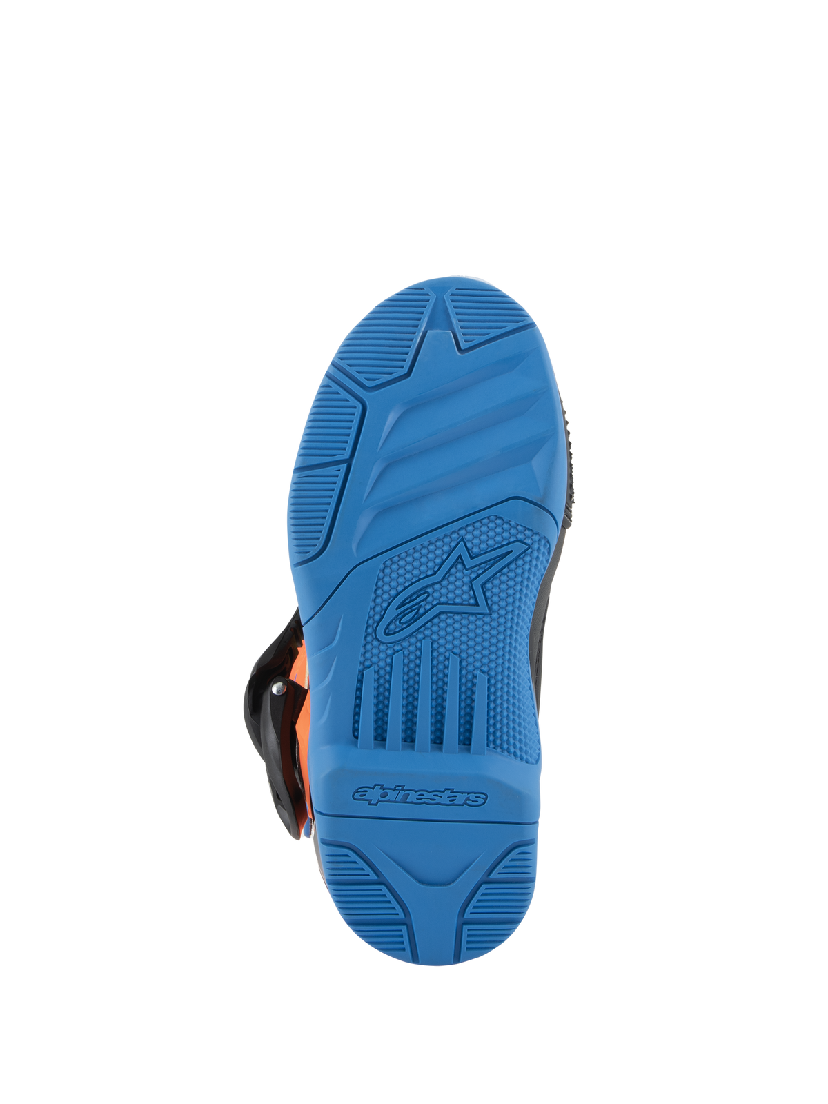 Alpinestars Kids Tech 3S støvler, motocross-støvler, Enamel Blue sålvisning, gummiydersål med højt greb og teksturerede grebsmønstre, med præget Alpinestars stjernelogo og navnetræk, holdbart off-road fodtøjsdesign