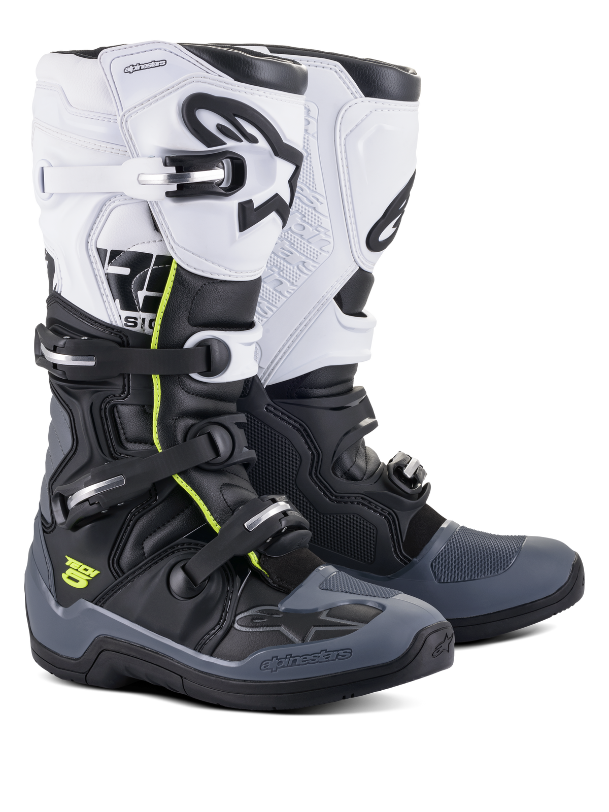 Alpinestars Tech 5 støvler, motocross- og off-road støvler, sort, mørkegrå og hvid, neongule detaljer, lukkesystem med fire spænder, hvidt overpanel med sort Astars-logo, mørkegrå tå- og hælbeskyttelse, slidstærk mikrofiberkonstruktion