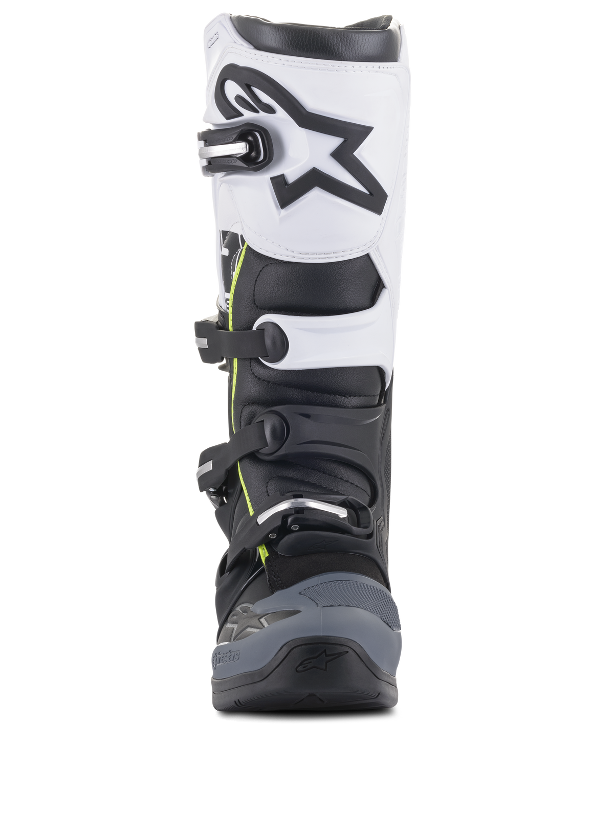 Alpinestars Tech 5 støvler, motocross-støvler, sort, mørkegrå og hvid, set forfra med et lukkesystem med flere spænder, hvidt øvre panel med sort Astars-logo, mørkegrå forstærket tå og diskrete gule detaljer