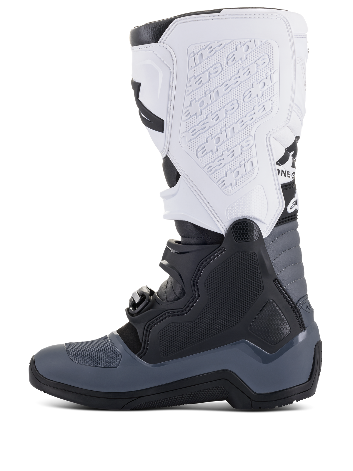 Alpinestars Tech 5 støvler, motocross-støvler, sort, mørkegrå og hvid, profilvisning fra siden med flere spændelukninger, præget branding på den hvide skinnebensplade, slidstærk konstruktion til off-road kørsel