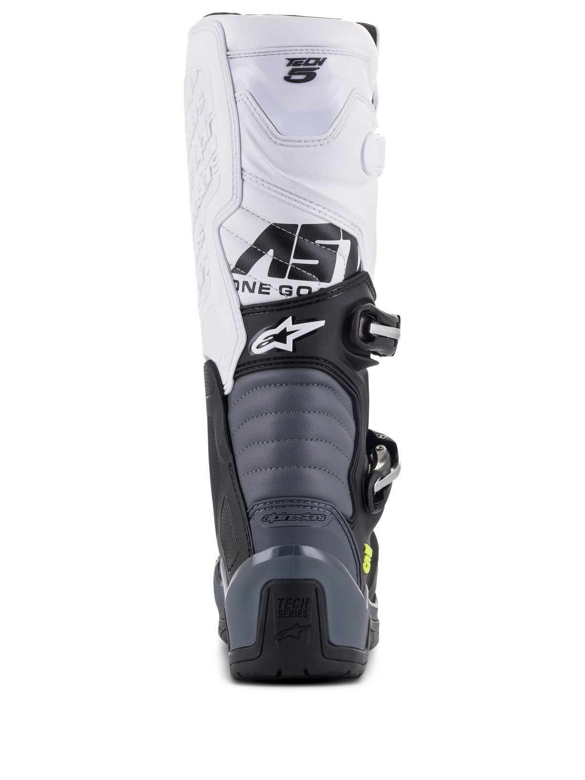 Alpinestars Tech 5 støvler, motocross-støvler, sort mørkegrå hvid, set bagfra, viser hvid overdel med Tech 5-branding, grå harmonikaflexzoner og sort hælbeskytter med Tech Series-logo