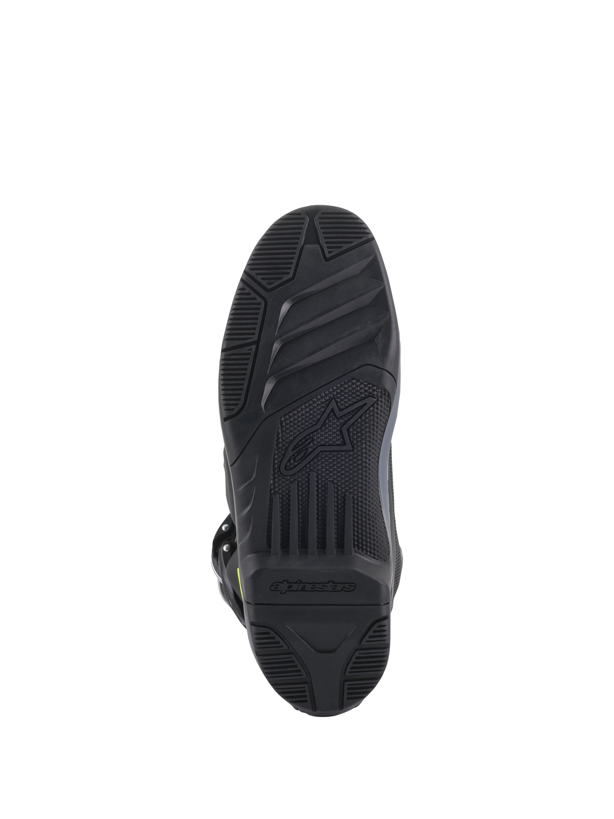 Alpinestars Tech 5 støvler, sålvisning, sort, detaljeret tekstureret mønster for off-road greb, med præget Alpinestars-logo og stjernesymbol, holdbar motocross-fodtøjskonstruktion