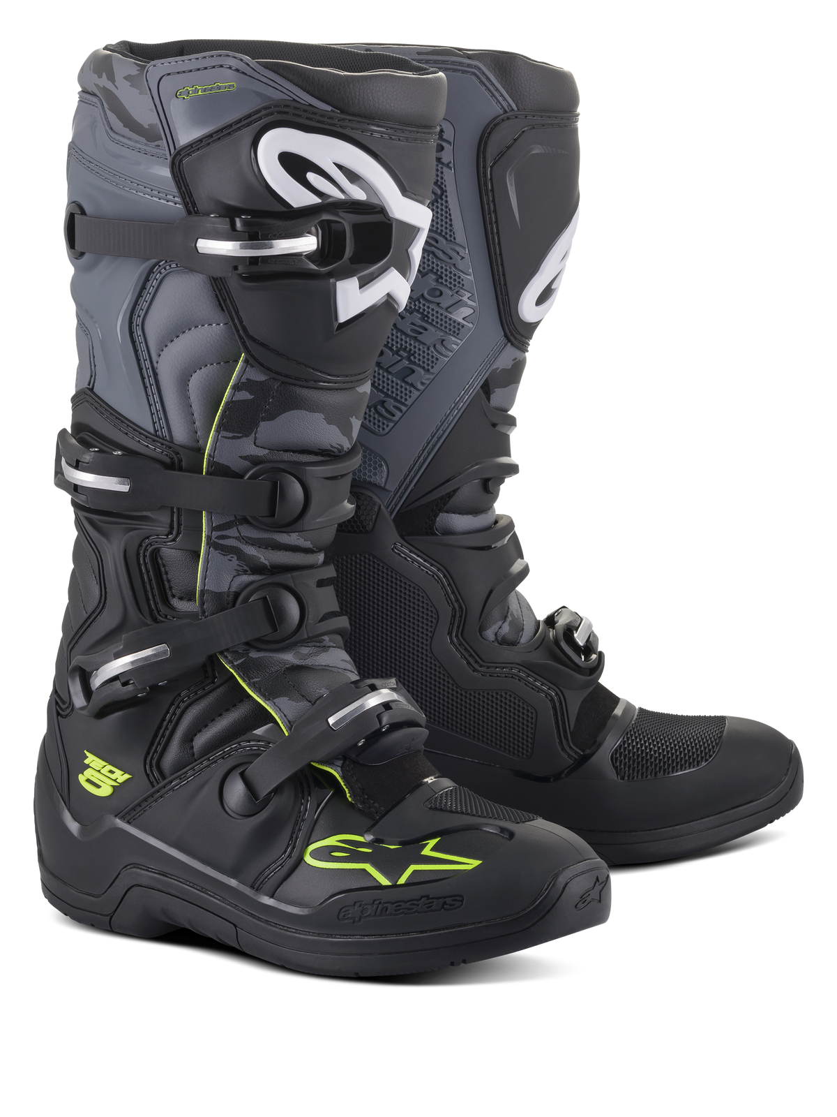 Alpinestars Tech 5 støvler, motocross- og off-road støvler, sort, cool gray og gul fluo, lukkesystem med fire spænder, hvide logoer på skinnebenet, neongule detaljer, holdbar mikrofiberkonstruktion til off-road ydeevne