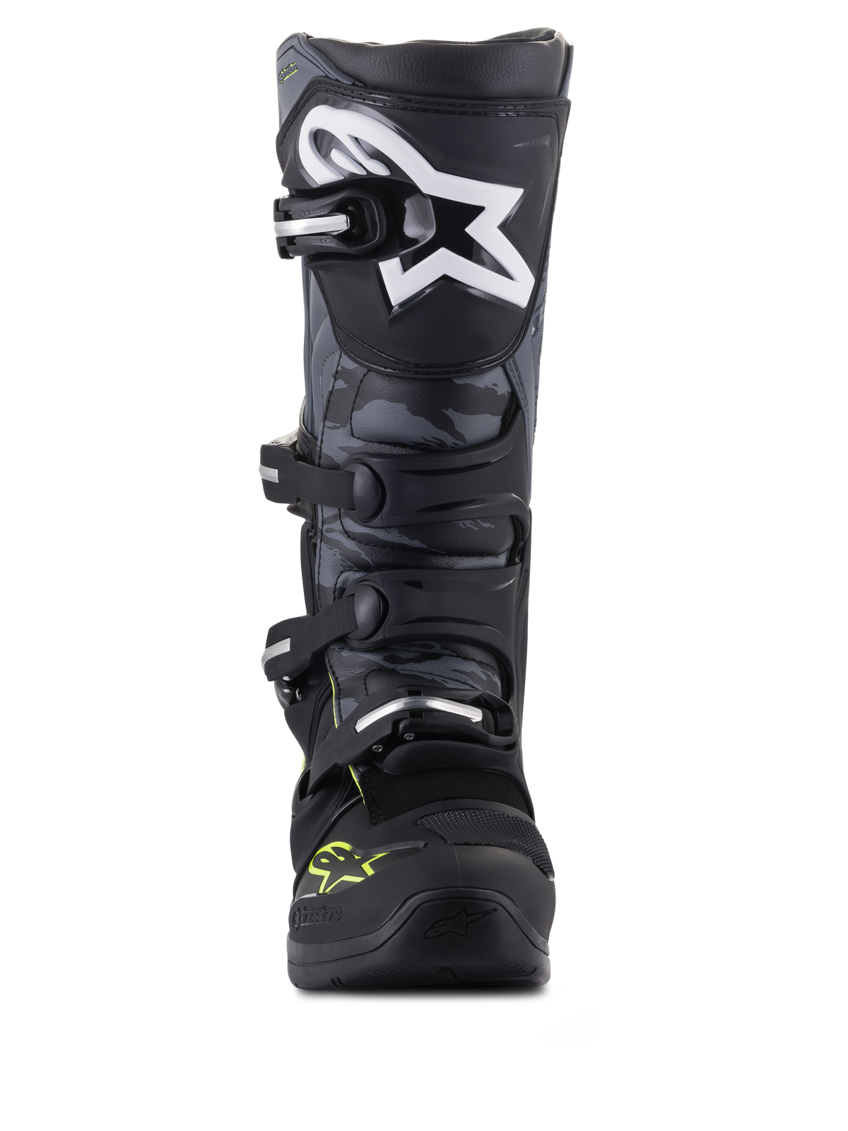 Alpinestars Tech 5 motocrossstøvler i sort og grå med gul fluo, set forfra med camopaneler og hvidt stjernelogo.
