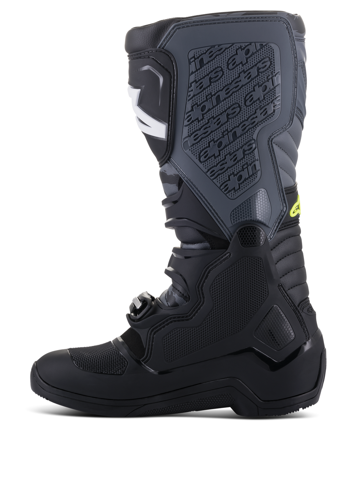 Alpinestars Tech 5 støvler, motocrossstøvler, sort og Cool Gray med Yellow Fluo-detaljer, sideprofil der viser høj multi-panel konstruktion, spændelukningssystem og tekstureret skinnebensplade med præget branding, off-road racerfodtøj