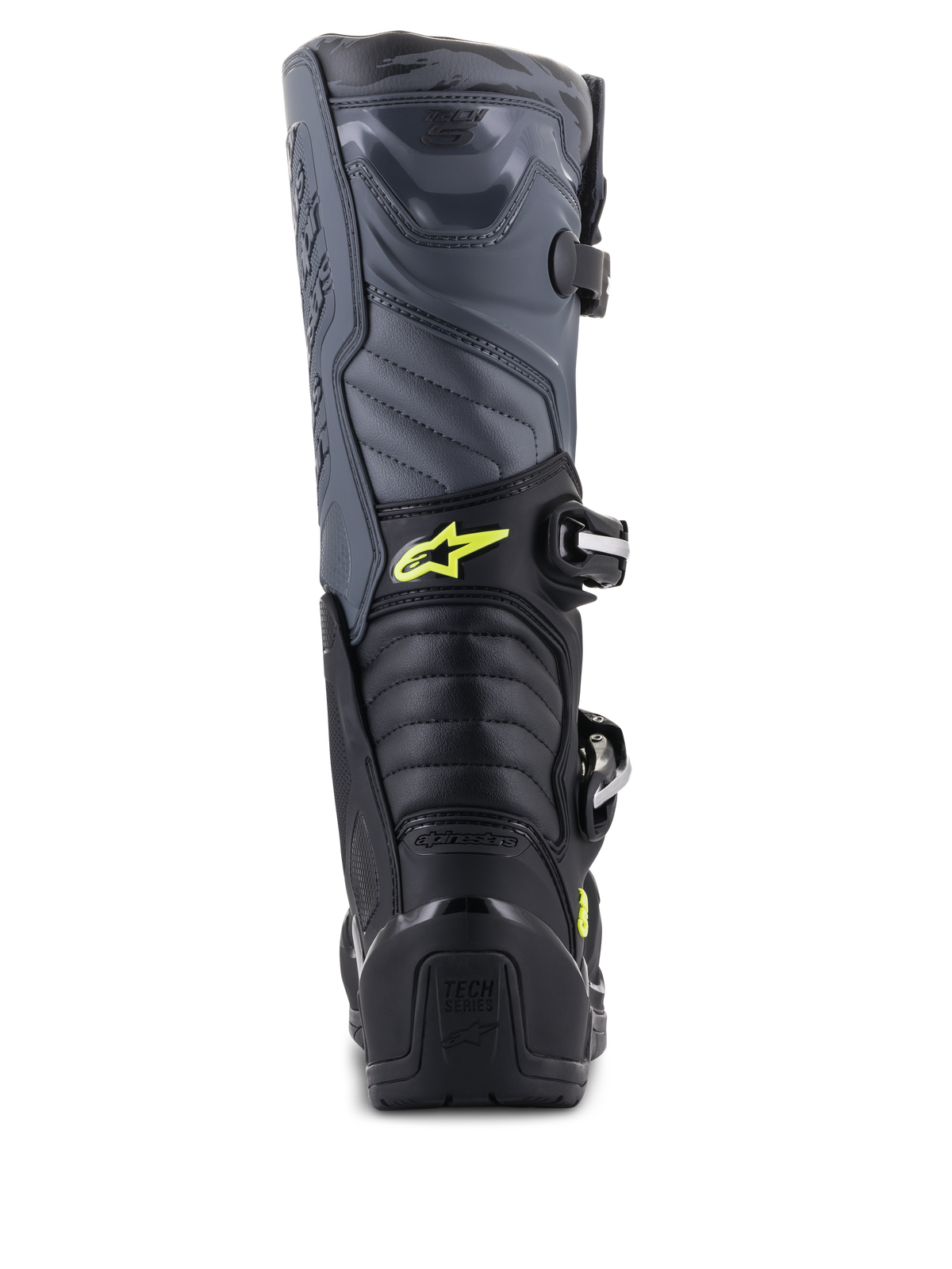 Alpinestars Tech 5 støvler, motocross-støvler, sort, cool gray og neon-gul, set bagfra viser harmonikaflexzoner og hælbeskyttelse, med gult Astars-logo og præget Tech Series-branding, slidstærk multi-materiale konstruktion til off-road ydeevne