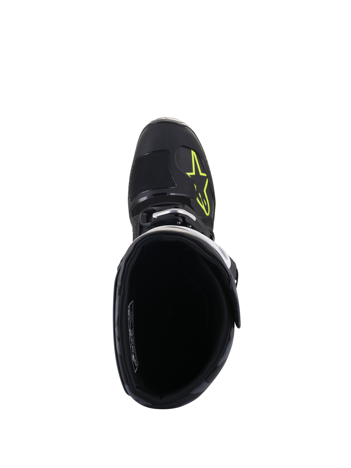 Alpinestars Tech 5 støvler, set oppefra, sort med gult fluo-logo på tåboksen, viser den indvendige foring og spændelukning, højtydende motocross- og off-road fodtøj