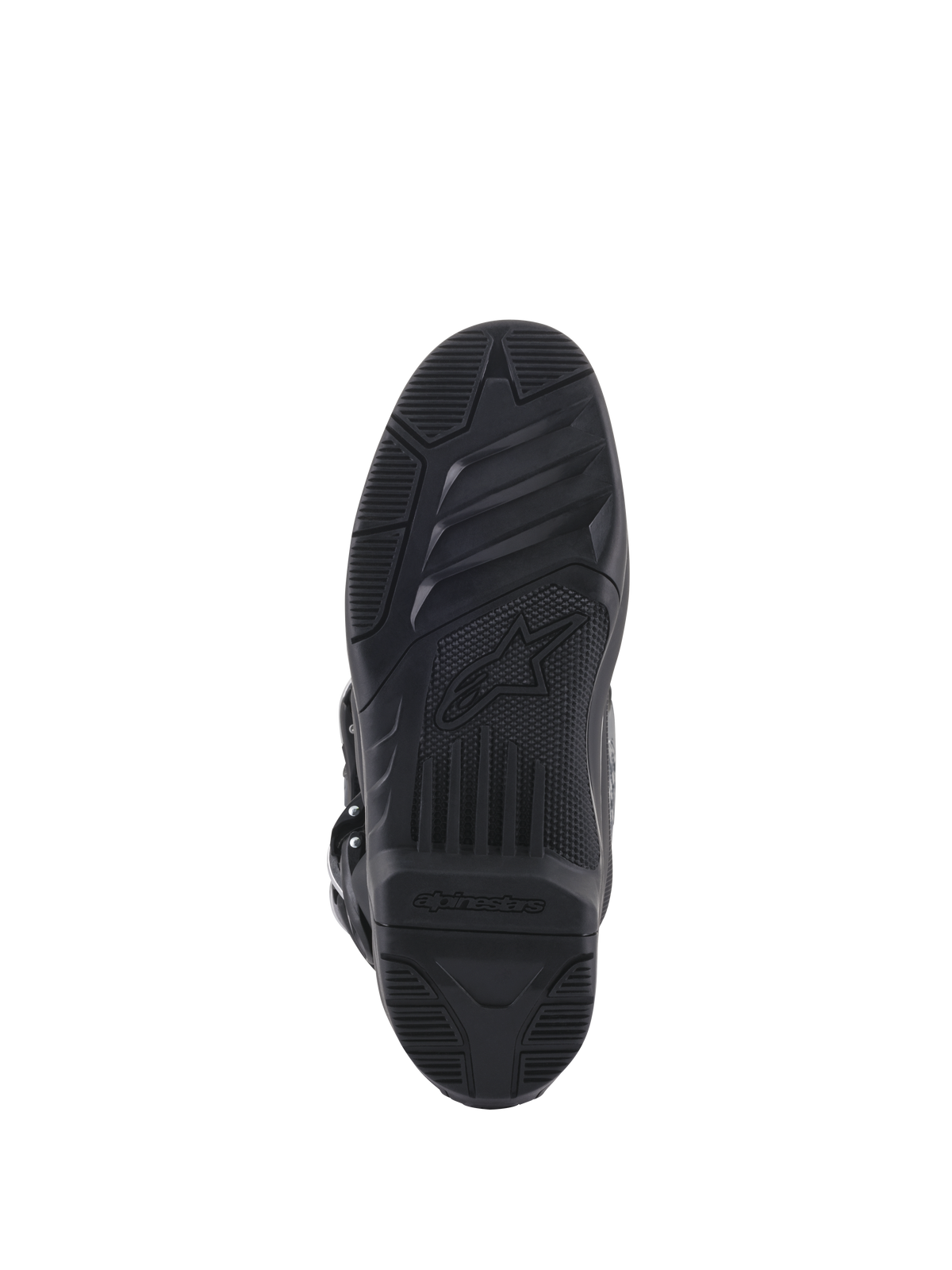 Alpinestars Tech 5-støvler, undersiden af sålen, sort gummi med teksturerede grebsmønstre, med Alpinestars stjernelogo og branding, slidstærkt design til motocross og off-road greb