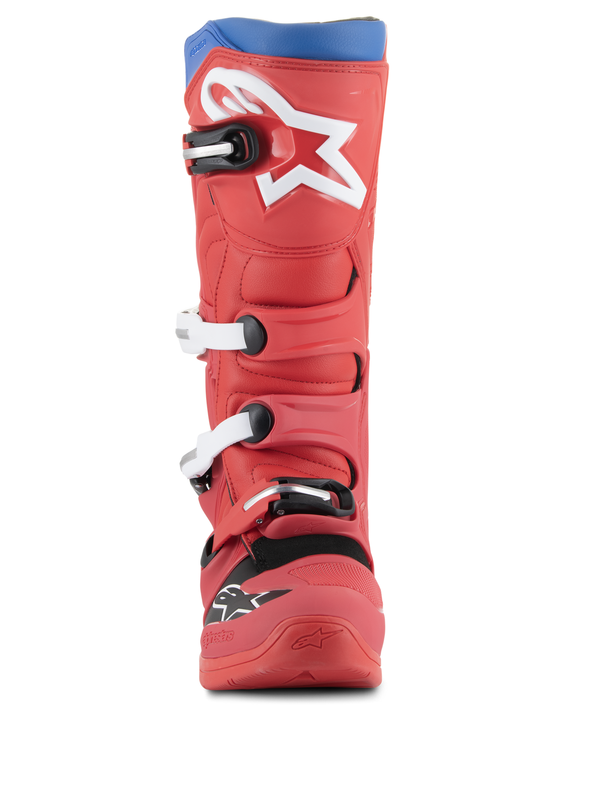 Alpinestars Tech 5 støvler, motocross-støvler, klar rød og alpine blå, set forfra med stort hvidt stjernelogo på skinnebenet, multispænde-lukkesystem og robust mikrofiberdesign til off-road kørsel