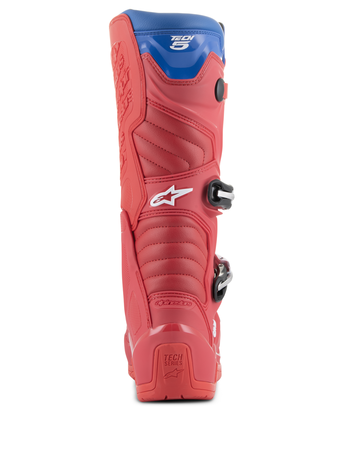 Alpinestars Tech 5 støvler, motocross-støvler, stærk rød, mørkerød og alpin blå, set bagfra som viser hælen, harmonikaflexzoner og blå øverste gaiter, med synlige spænder og branding