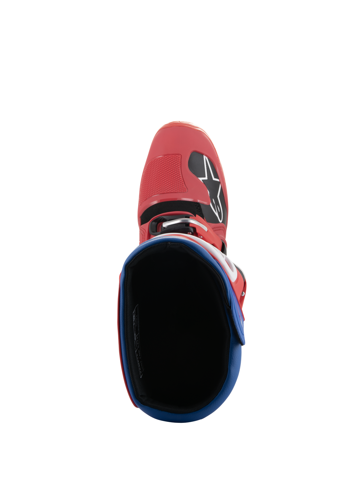 Alpinestars Tech 5 støvler, motocross-støvler, klar rød og alpine blå, set oppefra ind i støvlens indre, rød mikrofiber-tåboks med Alpinestars-logo, blå polstret krave, holdbart off-road racerdesign