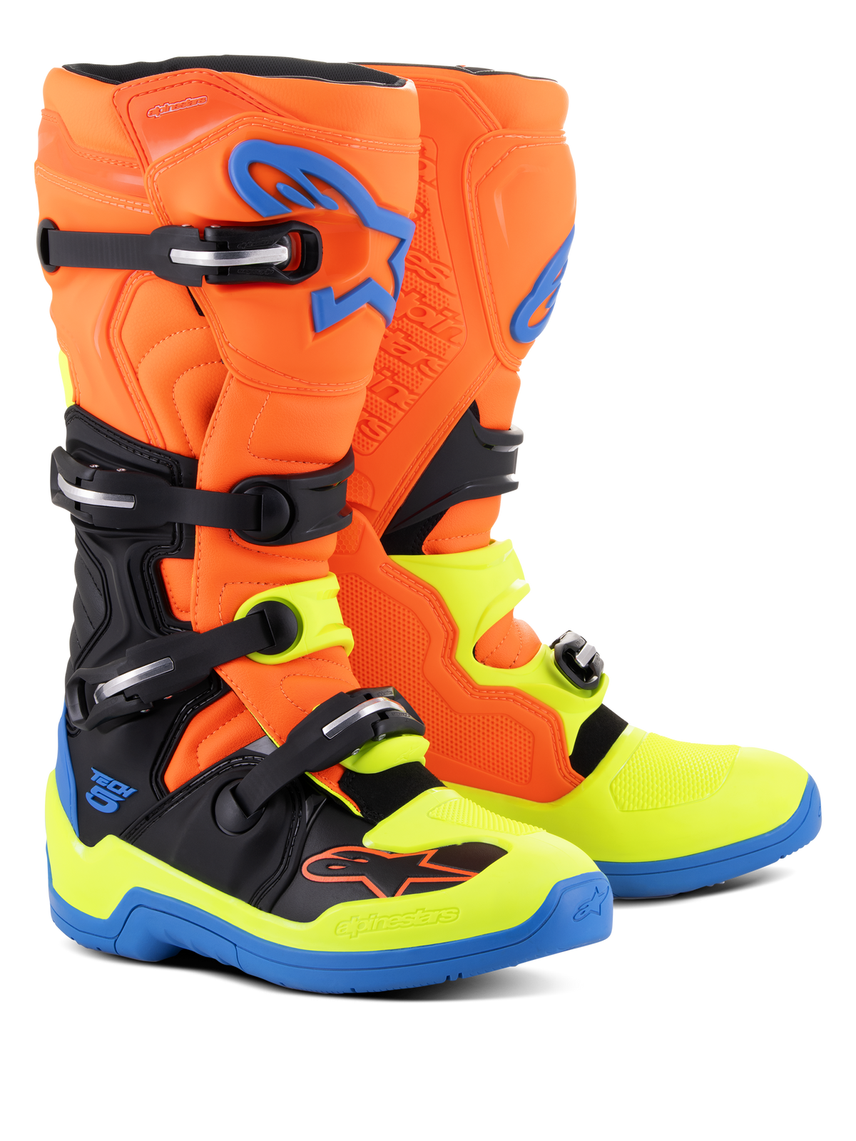 Alpinestars Tech 5 støvler, motocross-støvler, orange fluo, emalje blå og gul fluo, med et lukkesystem med fire spænder, biomekanisk drejeled for stabilitet og farverigt design til off-road kørsel