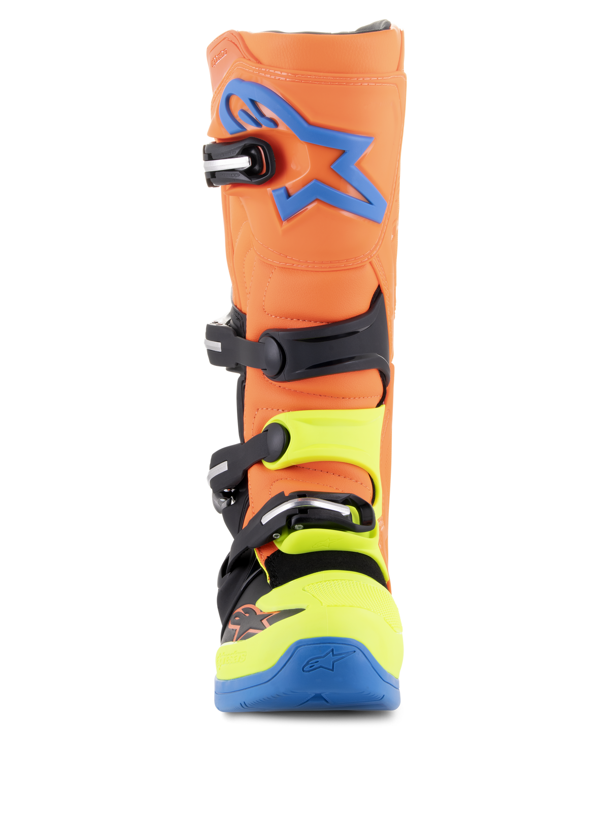 Alpinestars Tech 5-støvler, motocross-støvler, Orange Fluo, Enamel Blue og Yellow Fluo, set forfra, viser lukkesystemet med fire spænder, blåt Alpinestars-logo på skinnebenet og neongule detaljer på tåen og spænderne.