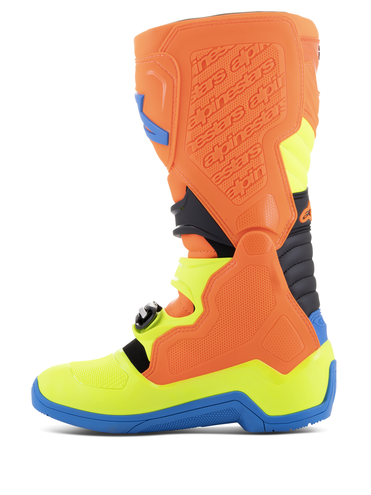 Alpinestars Tech 5 støvler, motocross-støvler, fluorescerende orange, emaljeblå og fluorescerende gul, profilvisning der viser det biomekaniske drejesystem, kontureret polymerstruktur og holdbart mikrofiberchassis til off-road ydeevne