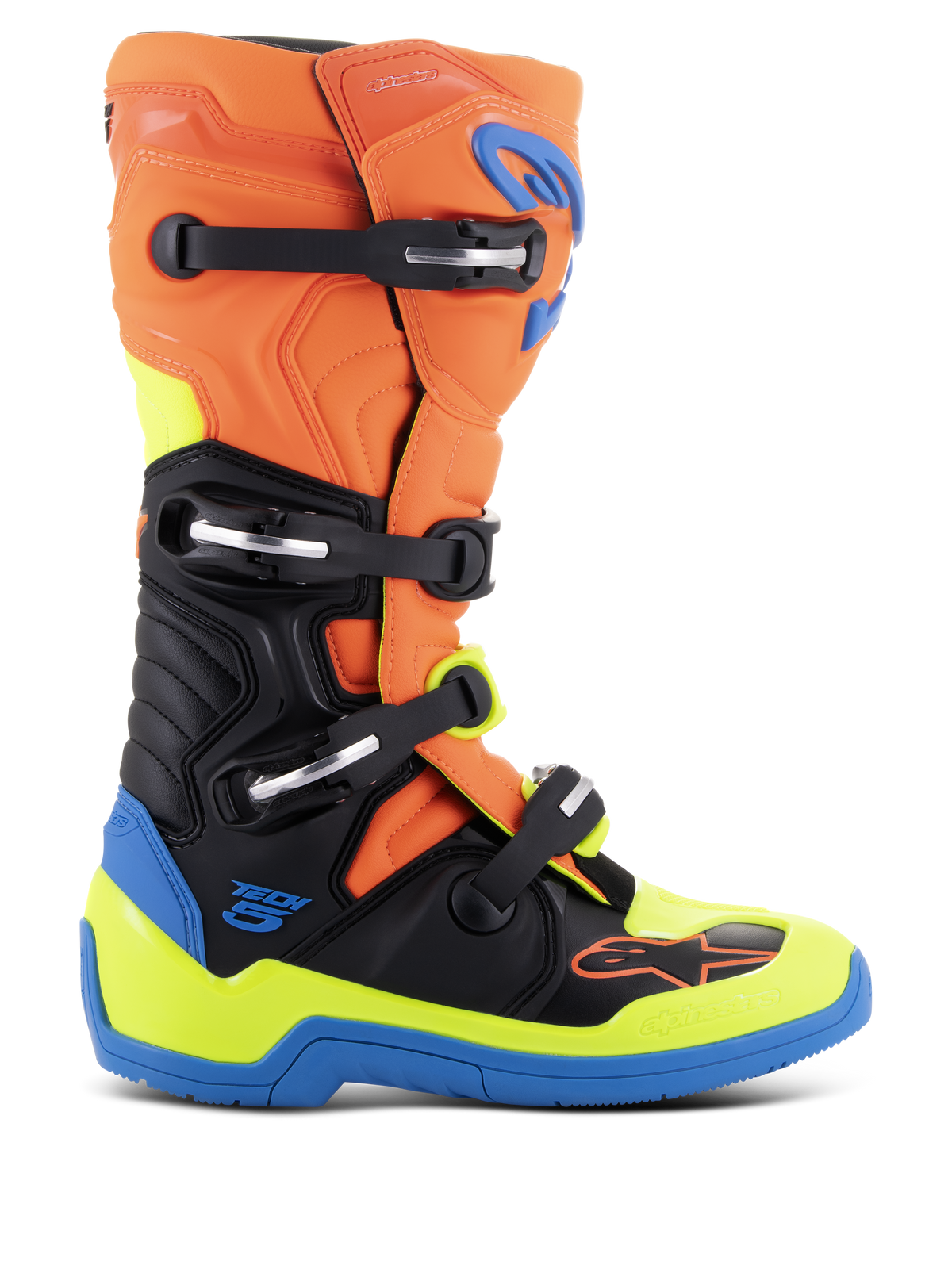 Alpinestars Tech 5 støvler, motocross-racerstøvler, fluorescerende orange, emalje-blå og fluorescerende gul med sort, system med fire spænder, mikrofiberkonstruktion med biomekanisk drejesystem, forstærket blå sål