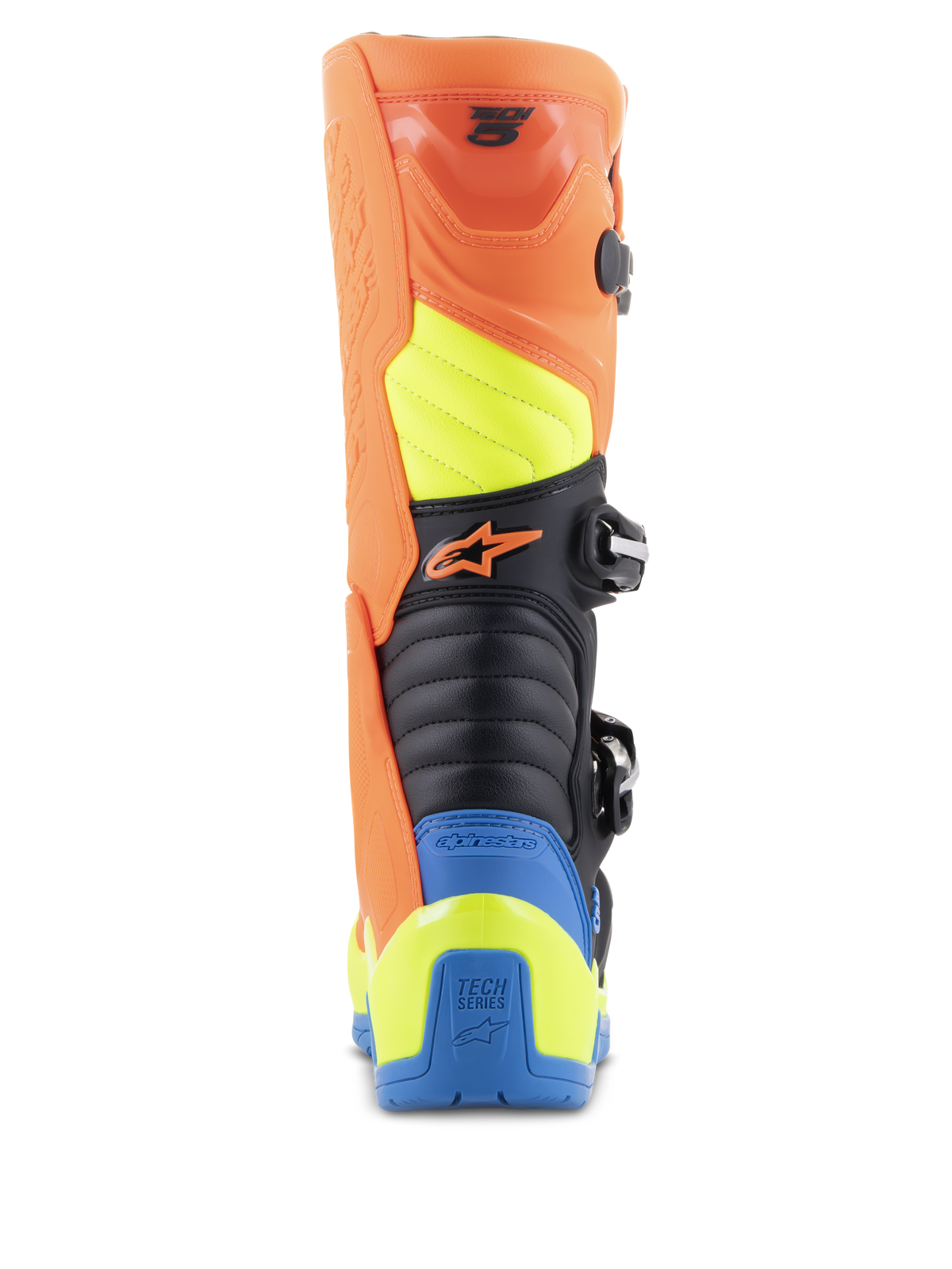 Alpinestars Tech 5 støvler, motocross-støvler, Orange Fluo, Enamel Blue og Yellow Fluo, set bagfra med harmonika-flexzoner, holdbar polymer-lægbeskytter og dristigt flerfarvet paneldesign til off-road racing