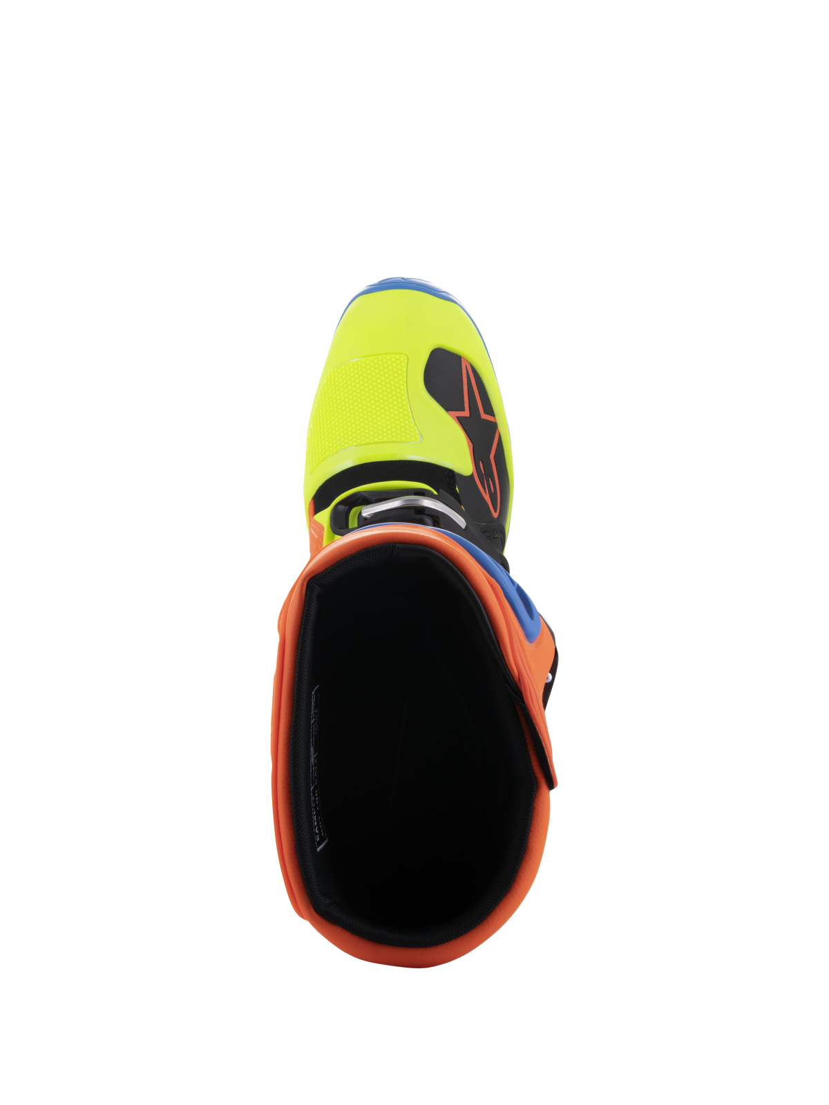 Alpinestars Tech 5 støvler, set oppefra ned i åbningen, med Orange Fluo-krave og Yellow Fluo-tåboks, sort indvendig foring, slidstærkt fodtøj til off-road motocross