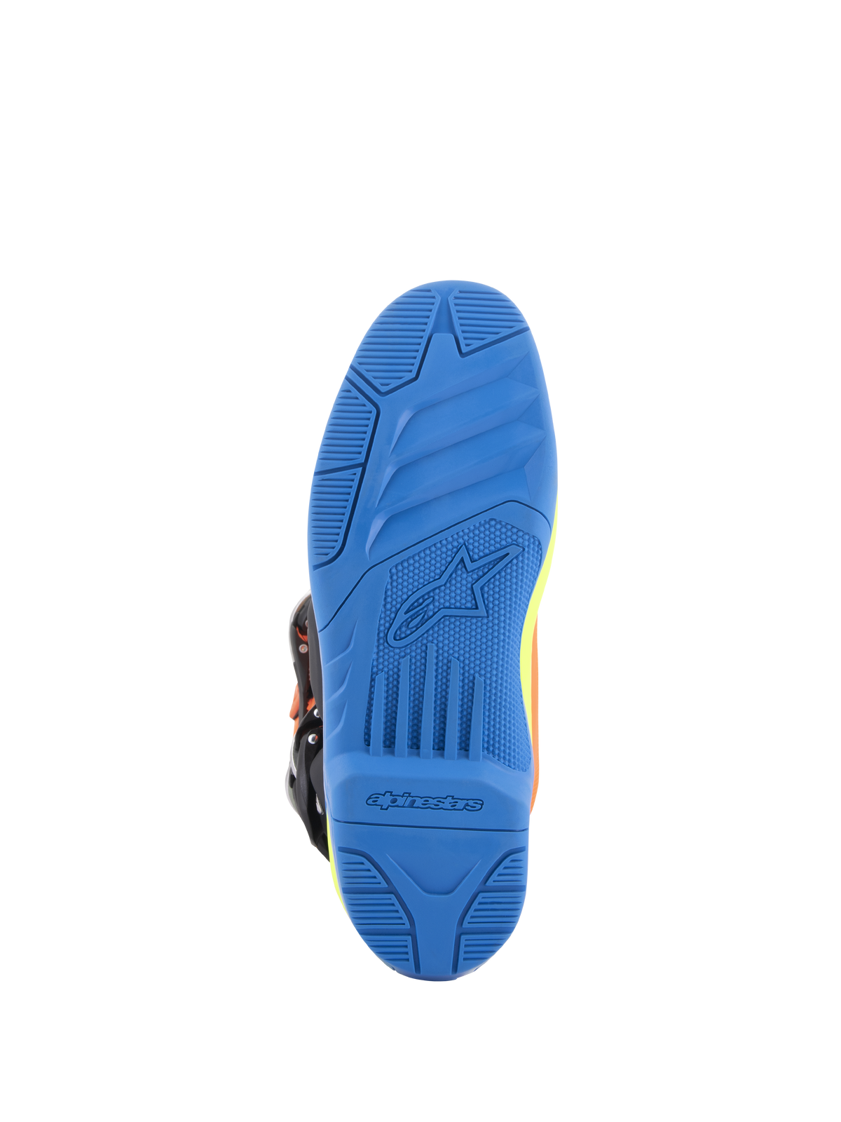 Alpinestars Tech 5 støvler, motocross-støvler, orange fluo, emaljeblå og gul fluo, detaljeret visning af den blå to-komponent sål med tekstureret greb og Alpinestars-branding