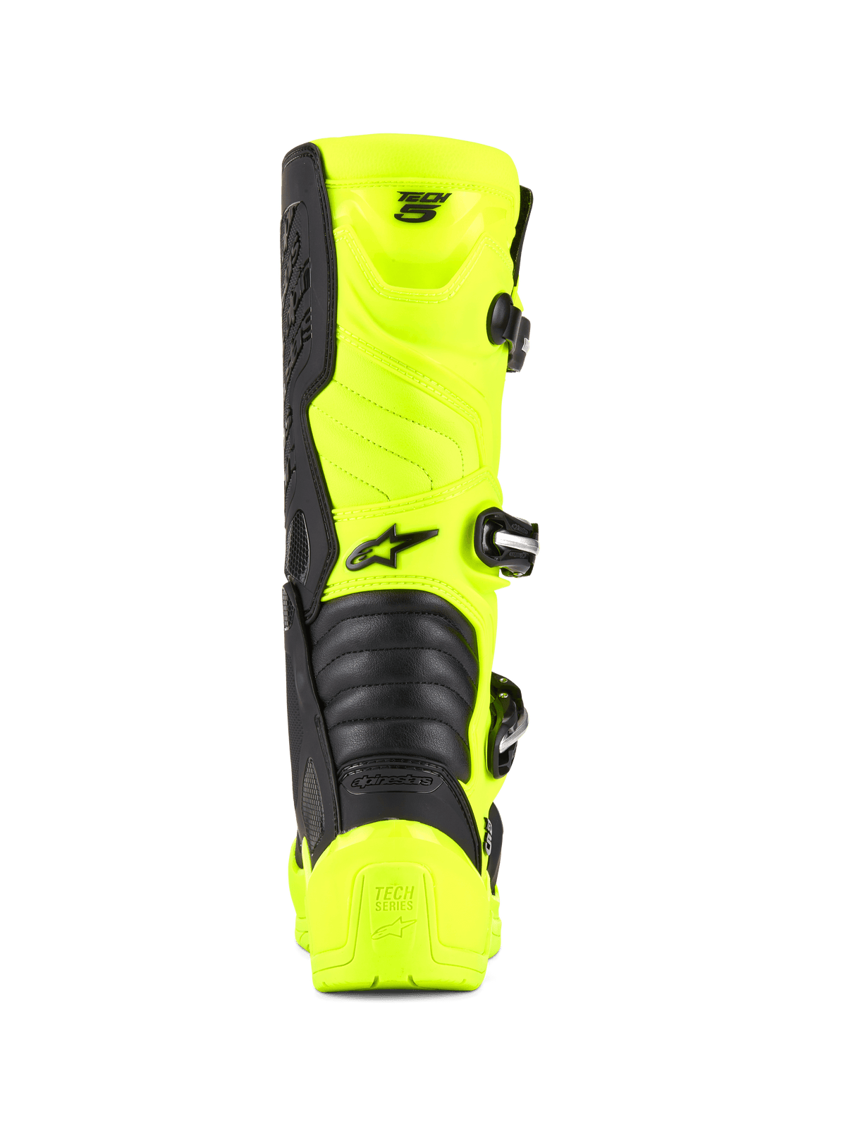 Alpinestars Tech 5 støvler, motocross- og off-road støvler, gul fluo og sort, set bagfra viser hælbeskytter, spændelukkesystem og harmonikaflexzoner, professionelt racerfodtøjsdesign