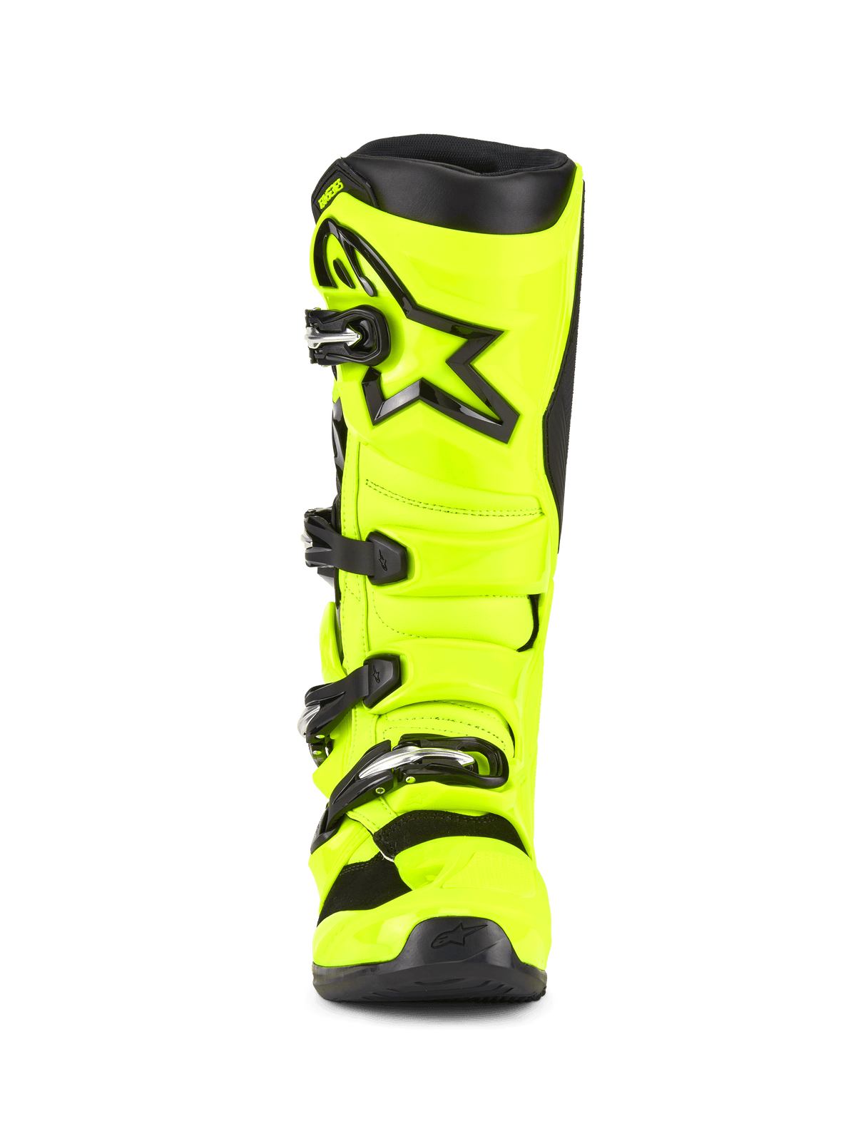 Alpinestars Tech 5 støvler, motocross-støvler, gul fluo og sort, set forfra med et lukkesystem med fire spænder, forstærket skinnebensplade med et sort stjernelogo og en holdbar multi-materiale konstruktion til off-road racing