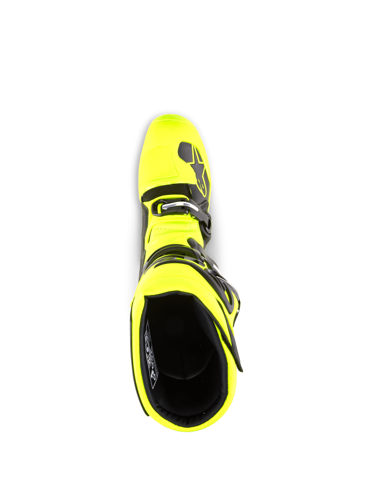 Alpinestars Tech 5 støvler, motocross-støvler, gul fluo og sort, set fra oven med kig ned i støvleåbningen, med sort indvendigt for, spændesystem og mærkedetaljer, designet til off-road kørsel