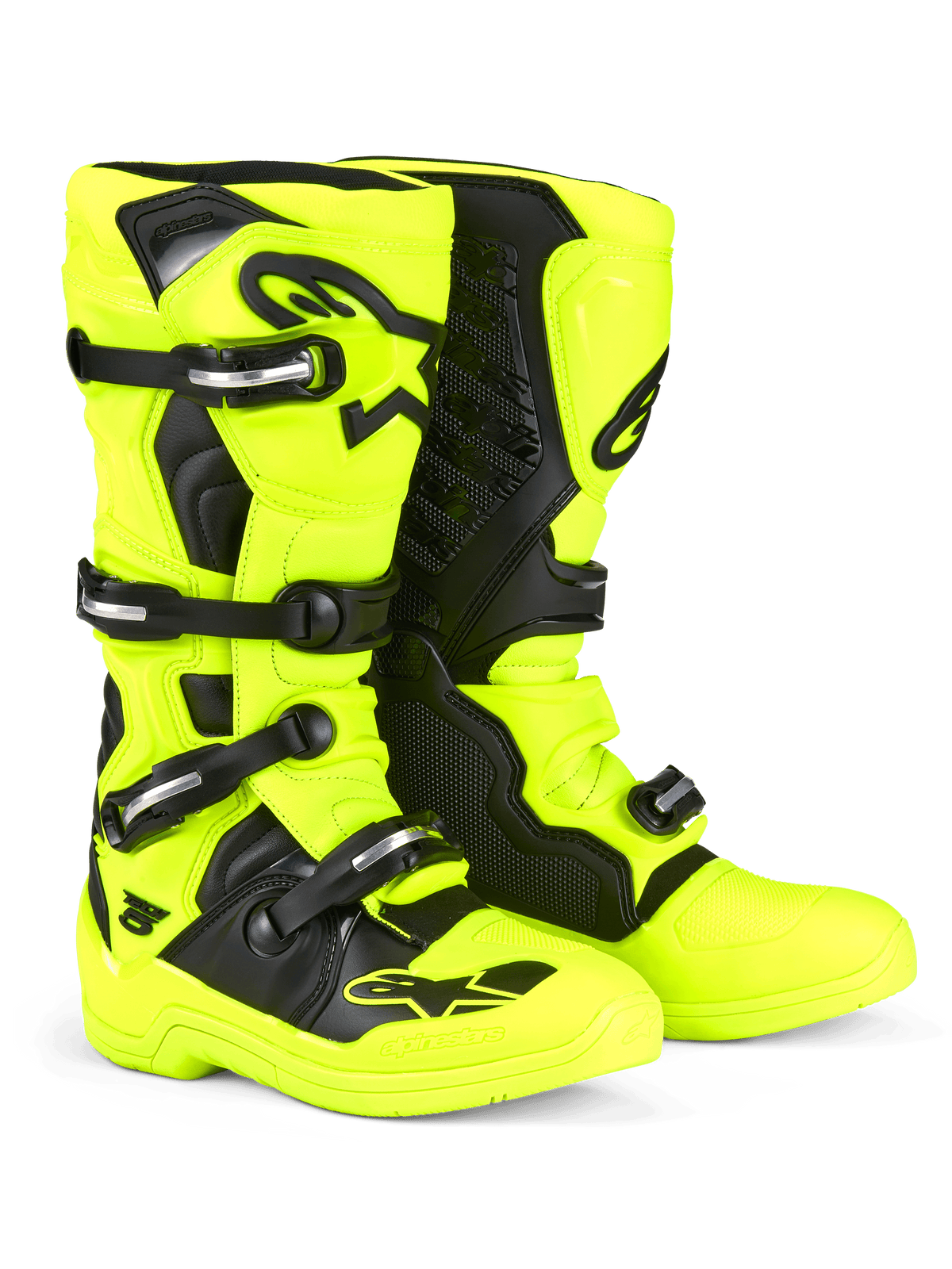 Alpinestars Tech 5 støvler, motocross-støvler, gul fluo og sort, med multi-spænde lukkesystem og sølvfarvet hardware, sorte beskyttelsespaneler, fremtrædende Alpinestars-logoer på skinneben og tå, designet til off-road ydeevne